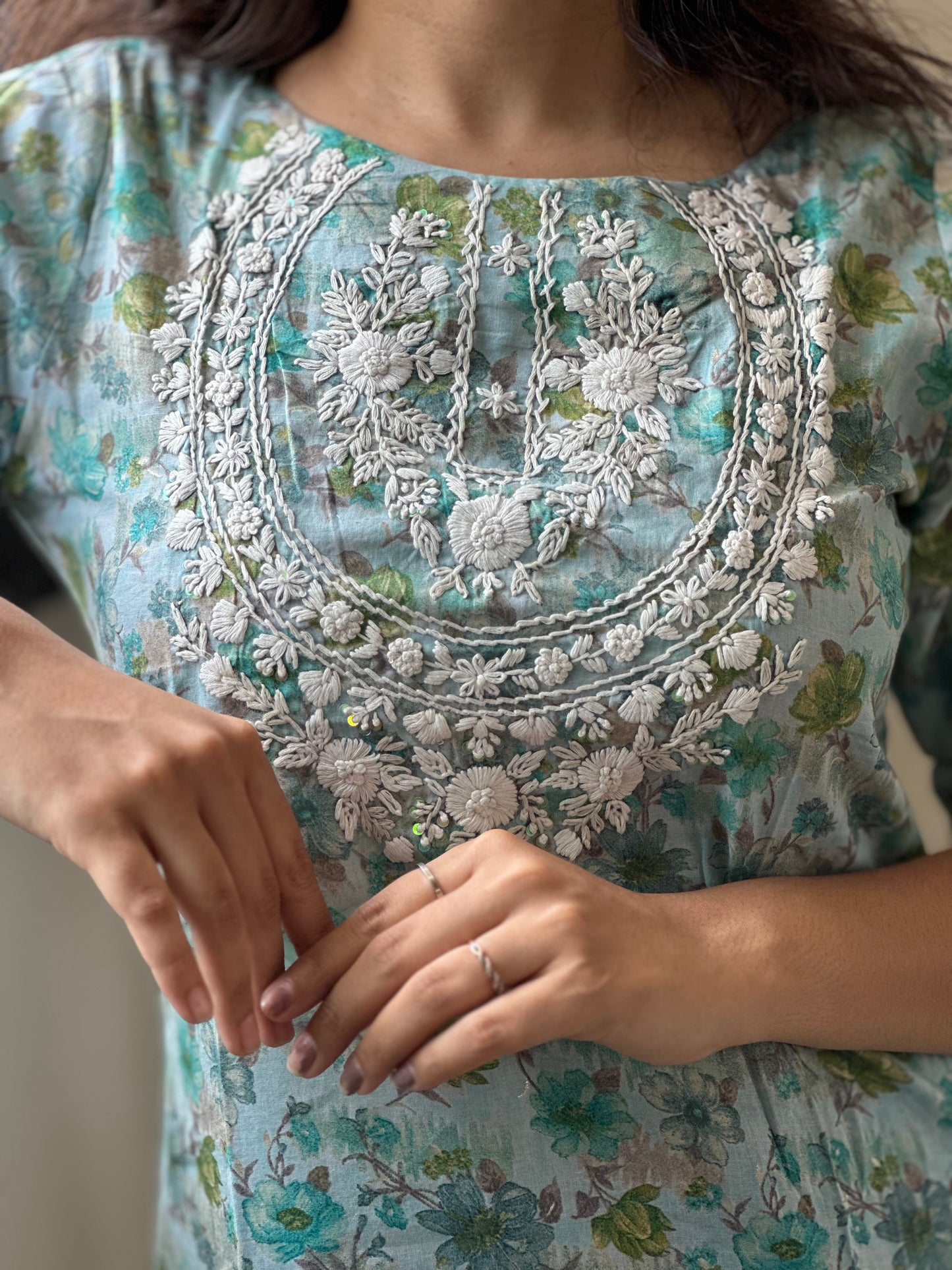 Aqua Bloom Chikankari Cotton Kurta