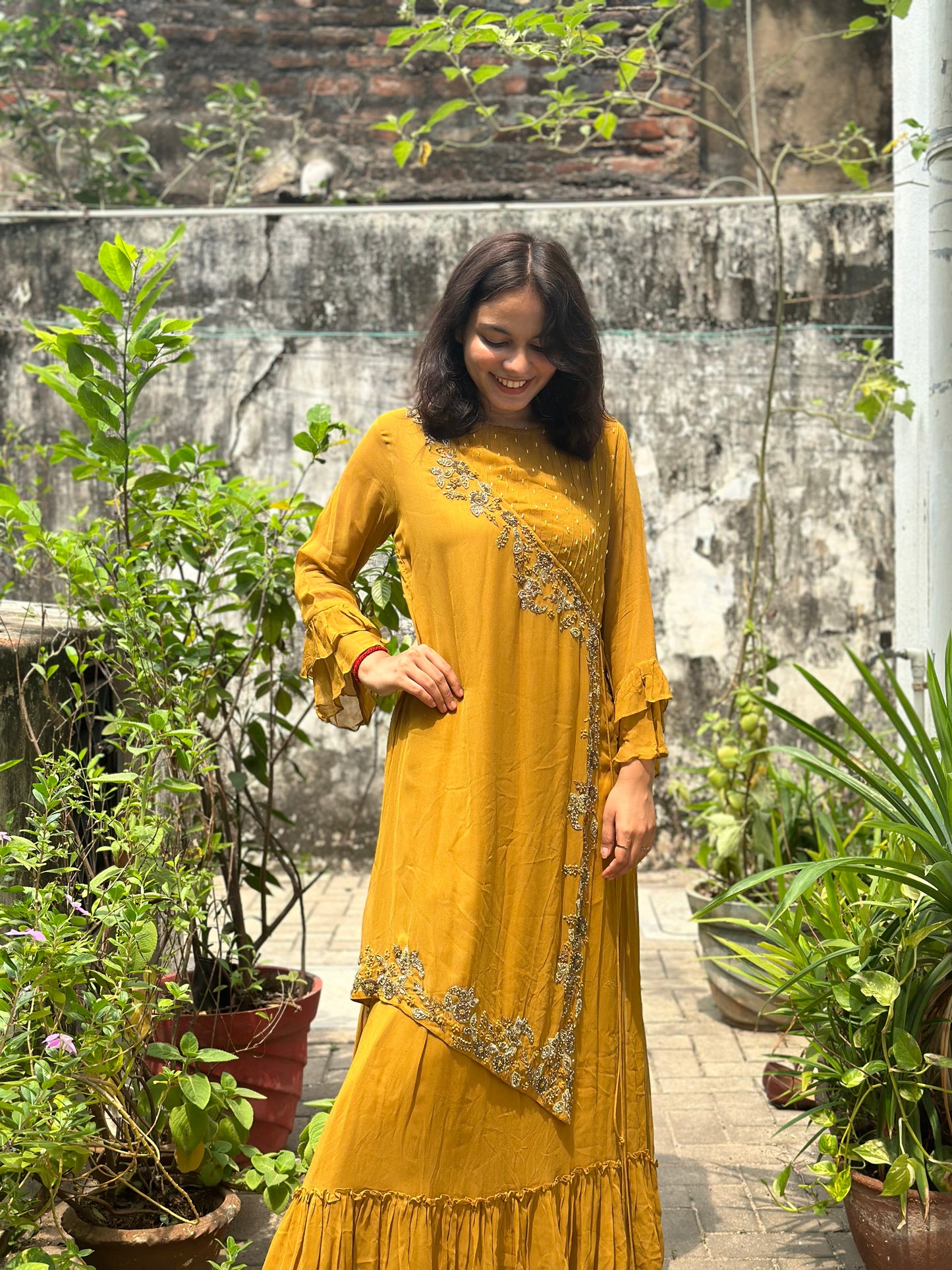Amber Bloom Georgette Ruffle Gown