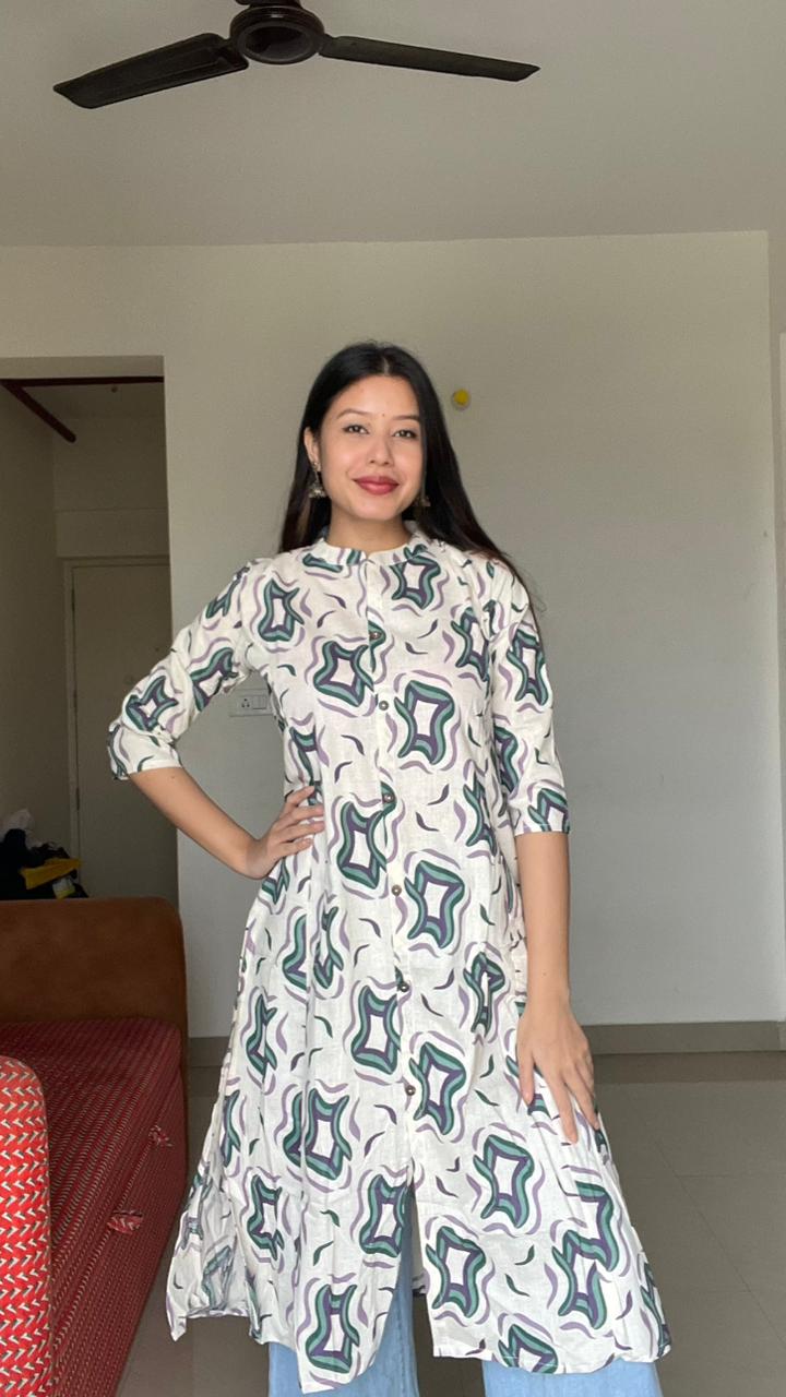 Ivory abstract printed A-line kurti