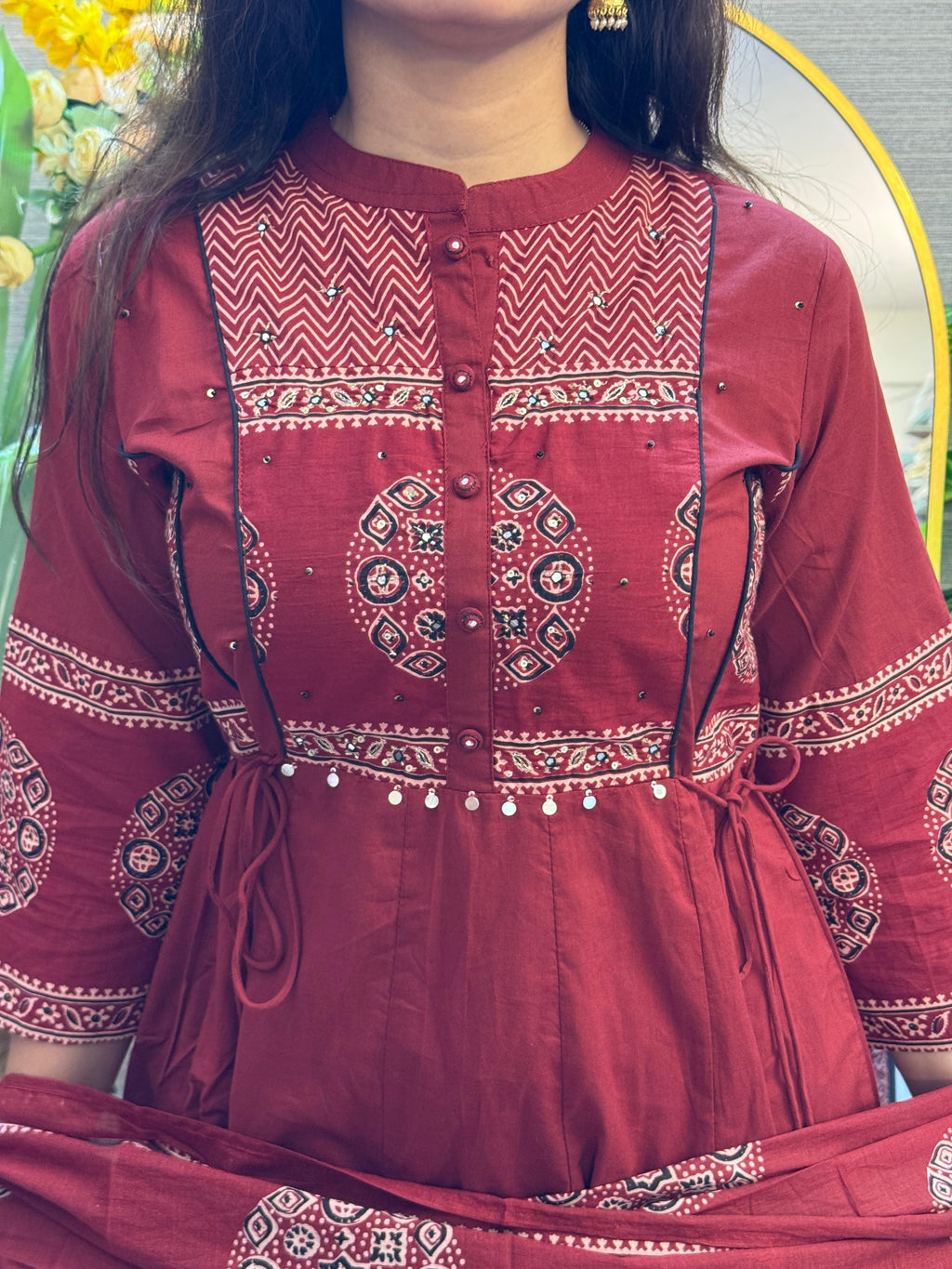 Maroon Printed Anarkali Kurti Set with Traditional Motif Dupatta