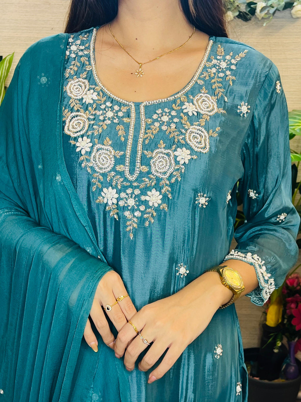 Amara Malligai Teal Embroidered Suit