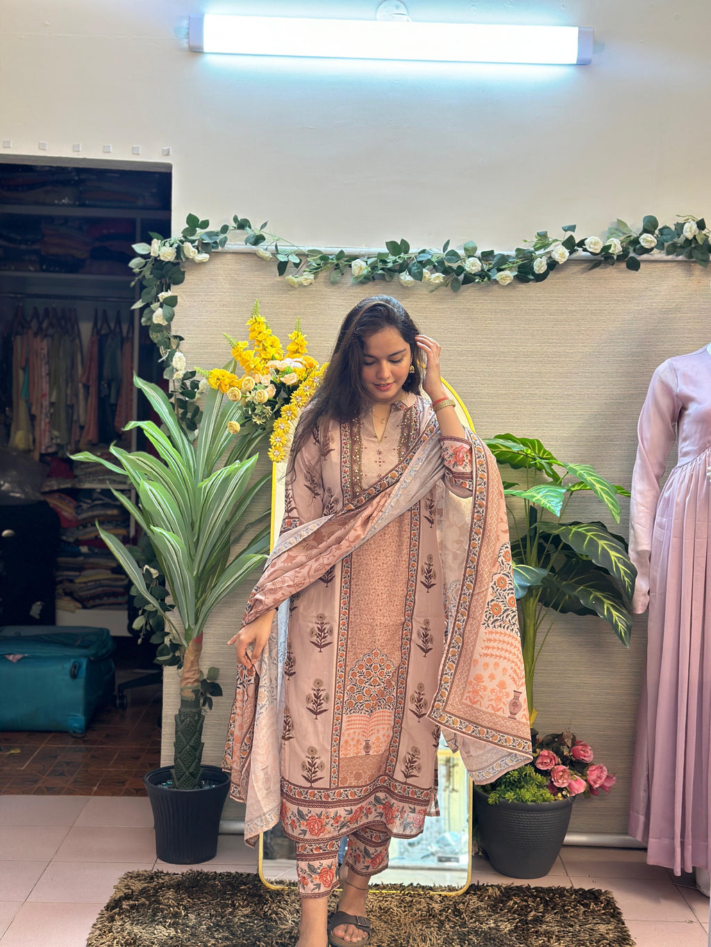 Blush Beige Floral Printed Suit Set with Dupatta