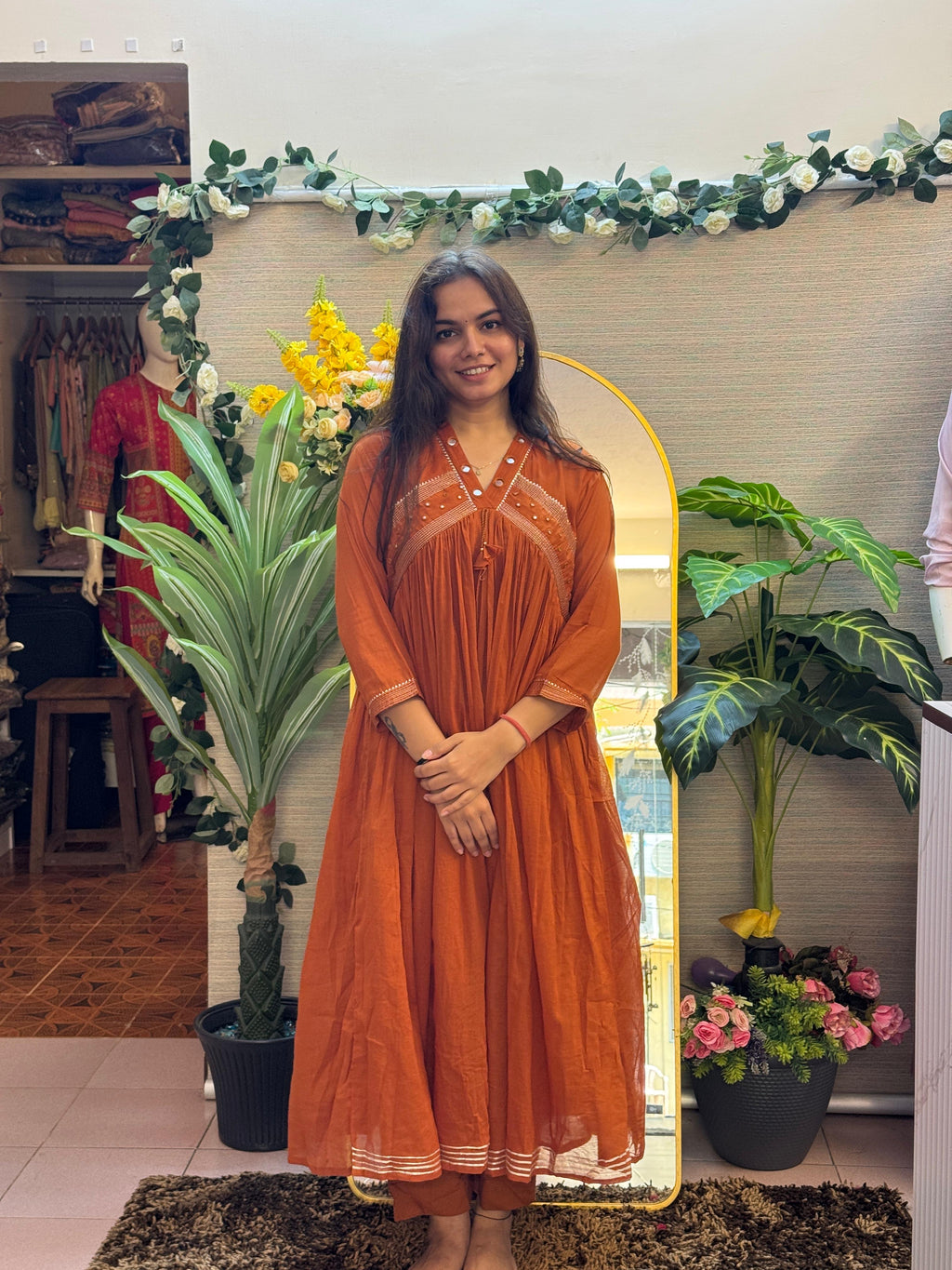 Rust Orange Gathered Kurti Set with Mirror Detailing & Dupatta