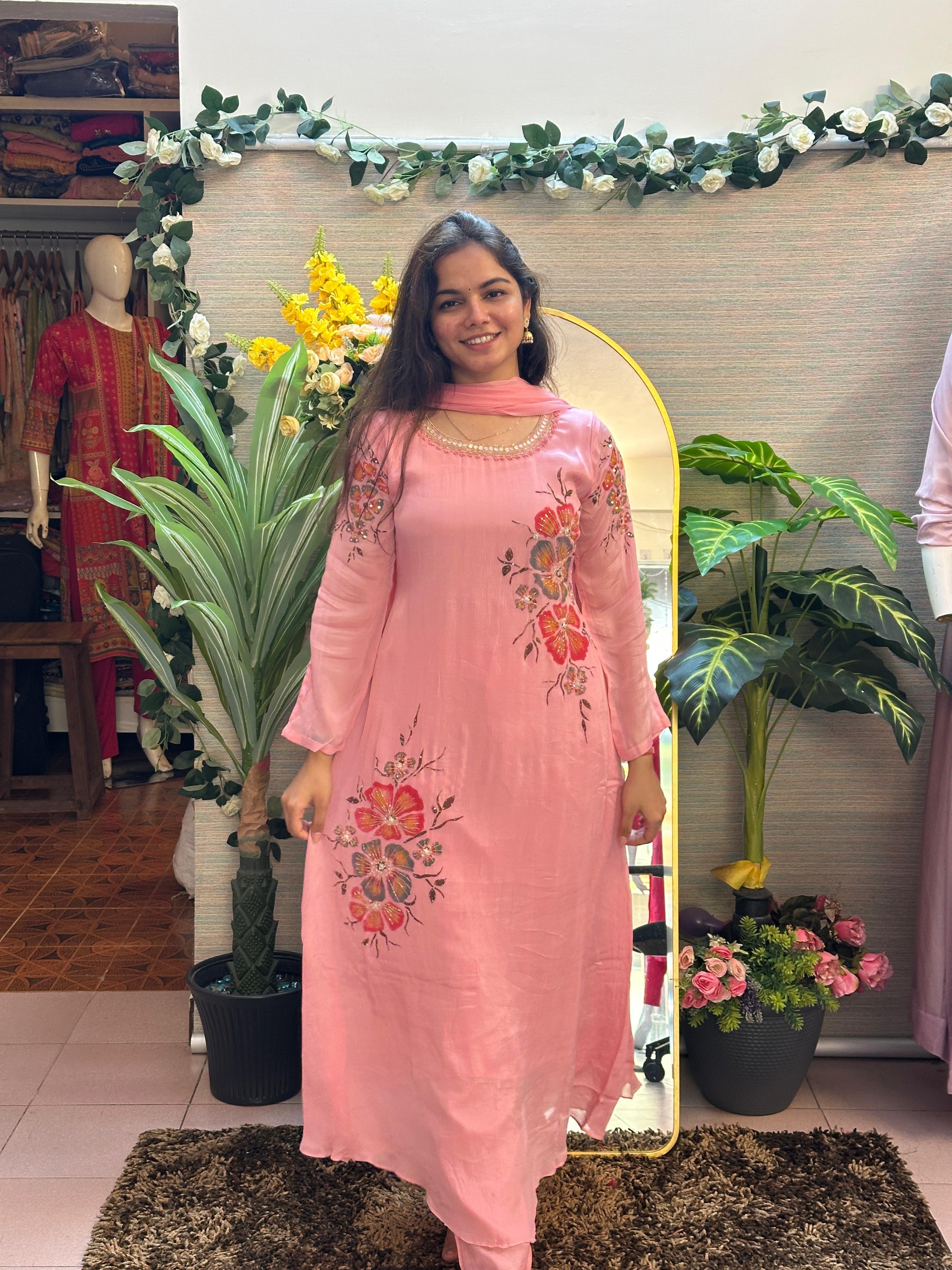 Coral Pink Floral Embroidered Kurti Set with Dupatta