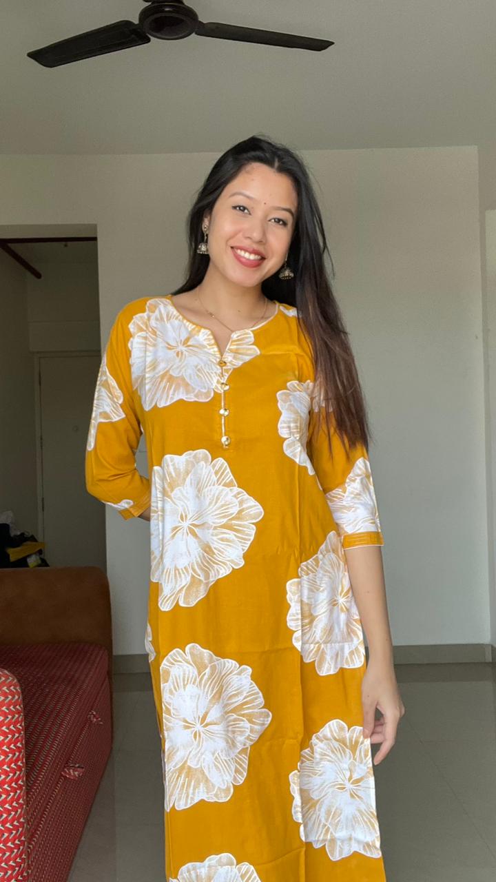Mustard bloom floral printed kurti kurti set