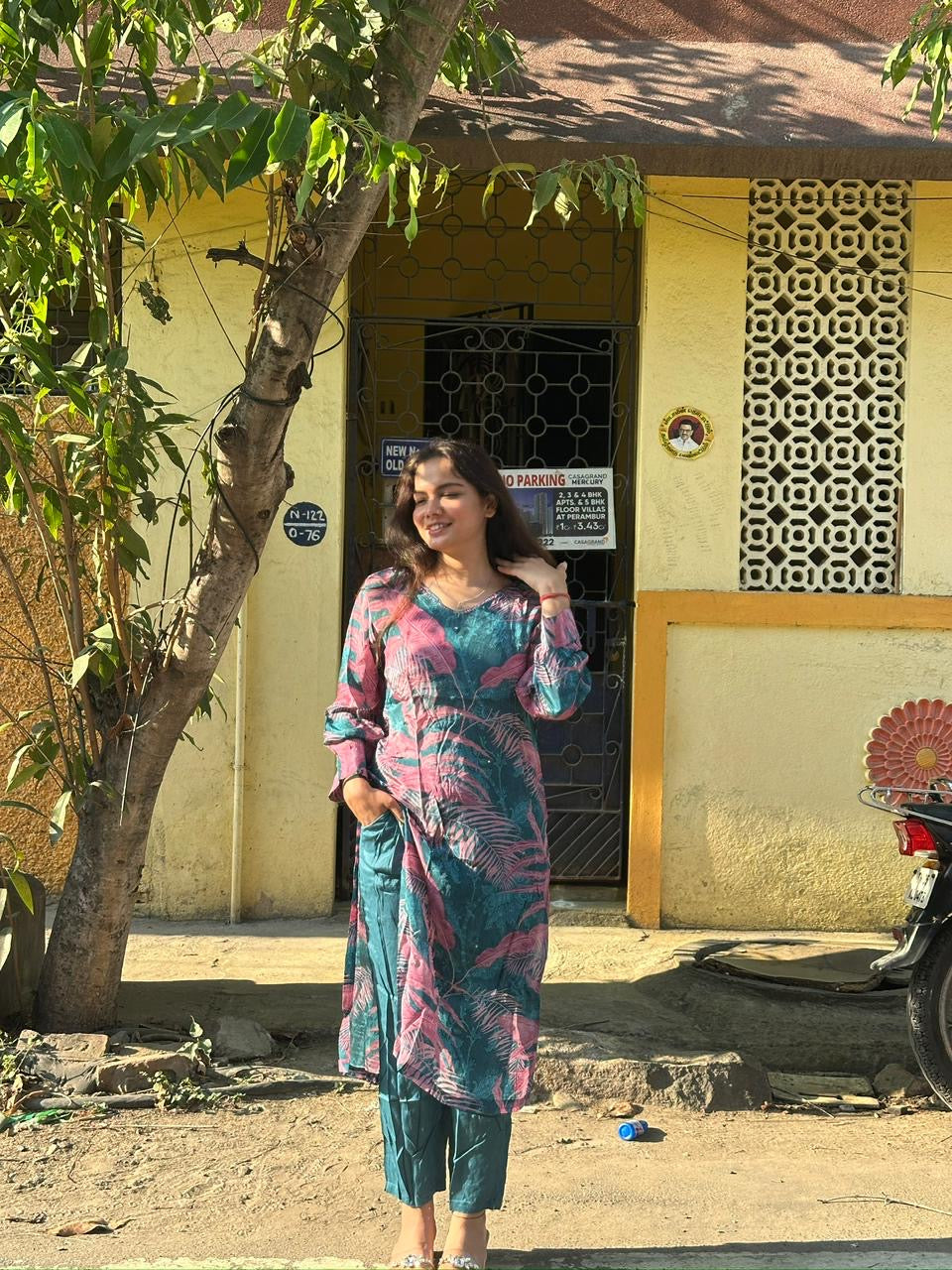 Teal & Rose Tropical Printed Straight Kurti Set