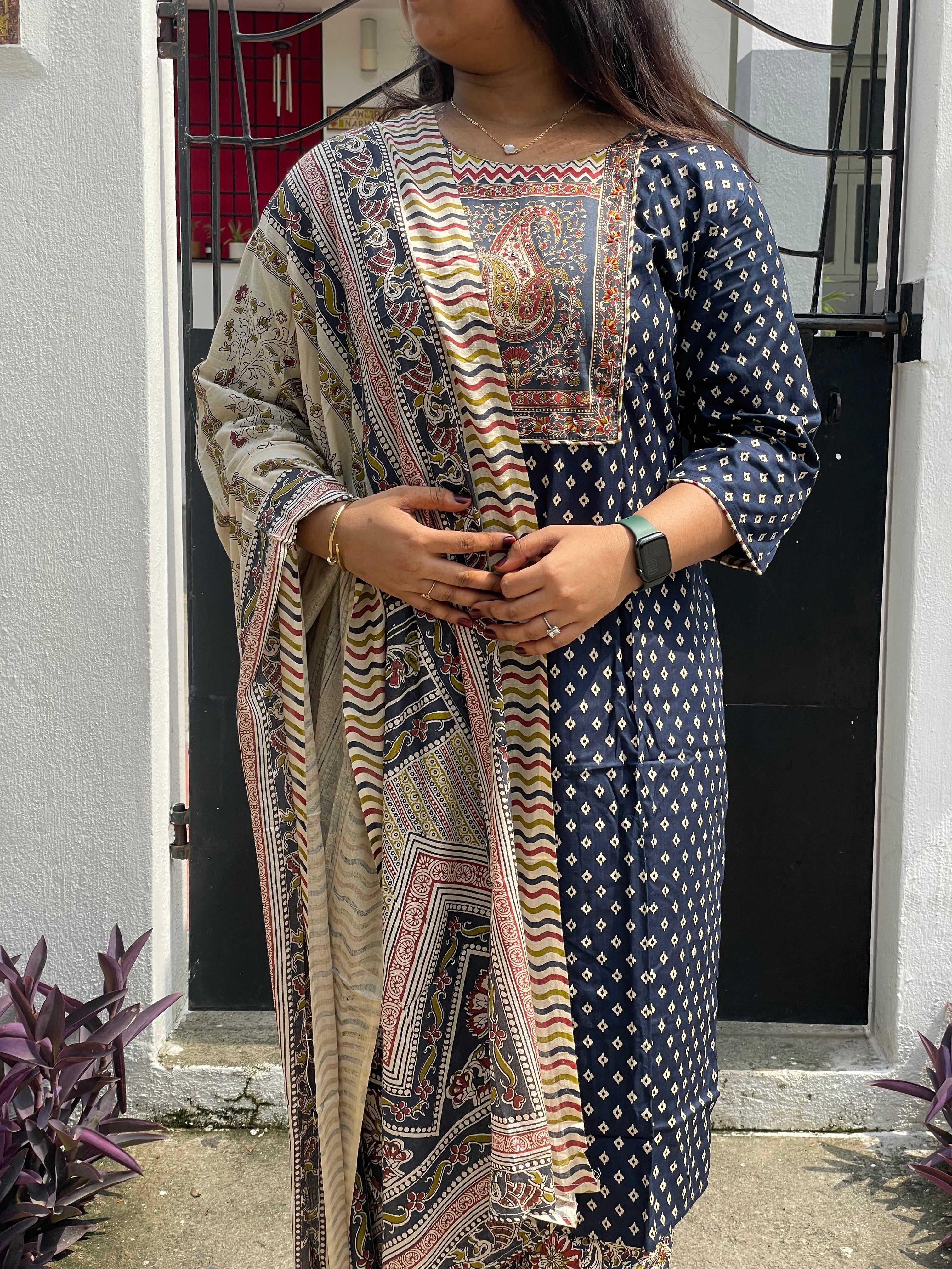 Printed cotton suit set ( Dark blue )