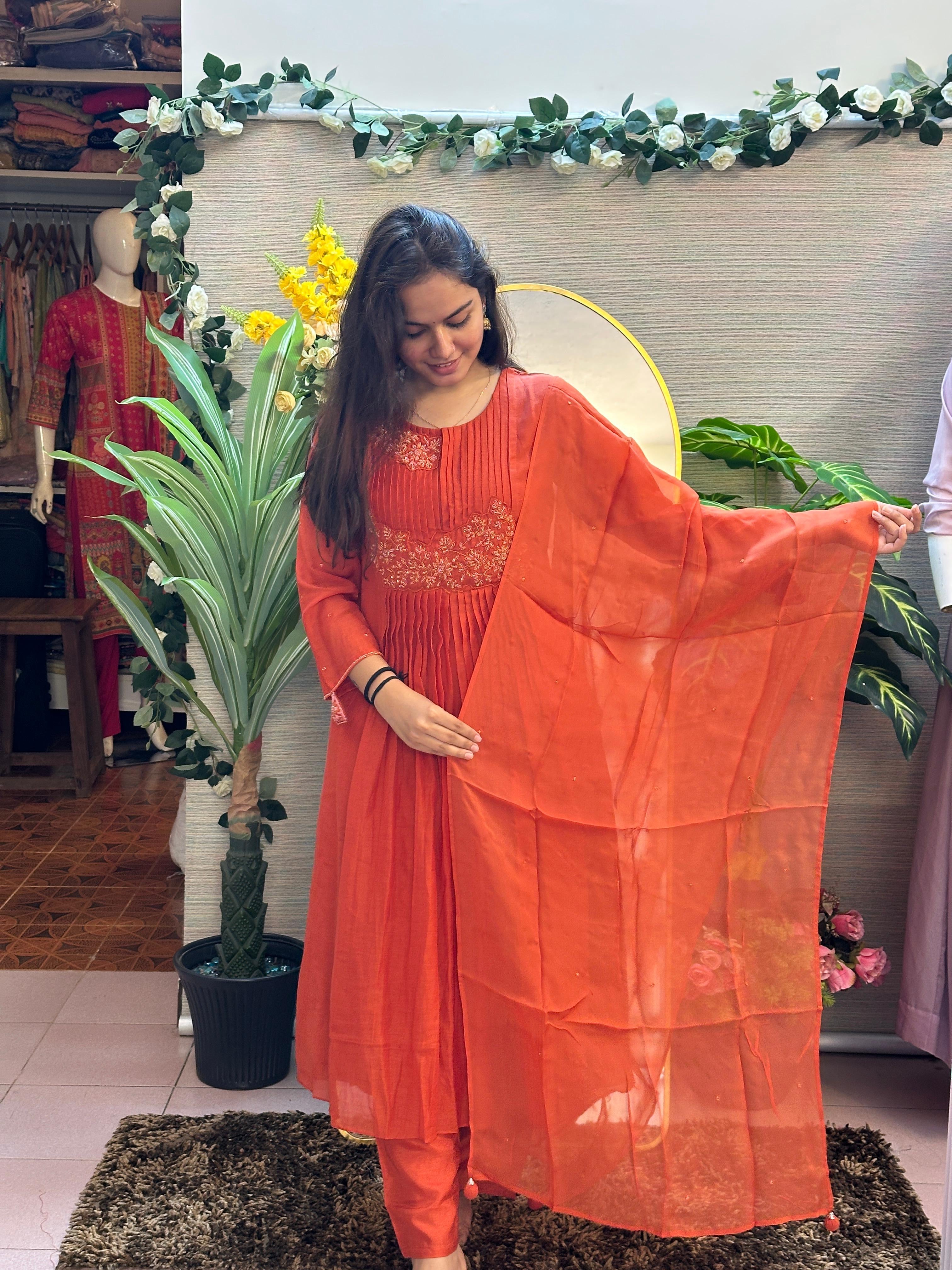 Rust Orange Embroidered Anarkali Kurti Set with Dupatta