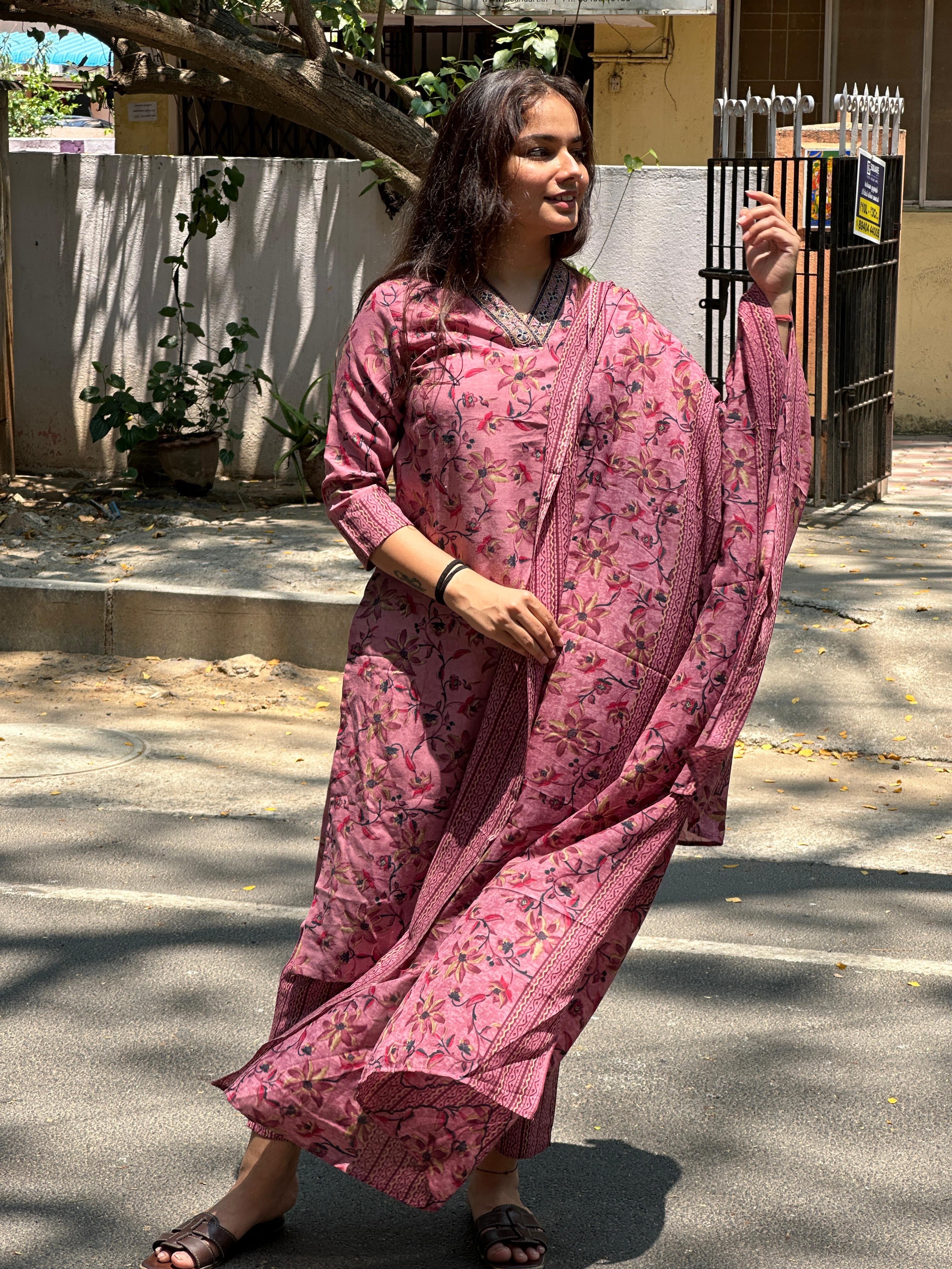 Rose Pink Floral Printed Straight Kurti Set with Dupatta