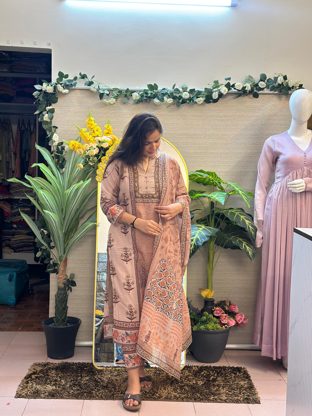 Blush Beige Floral Printed Suit Set with Dupatta