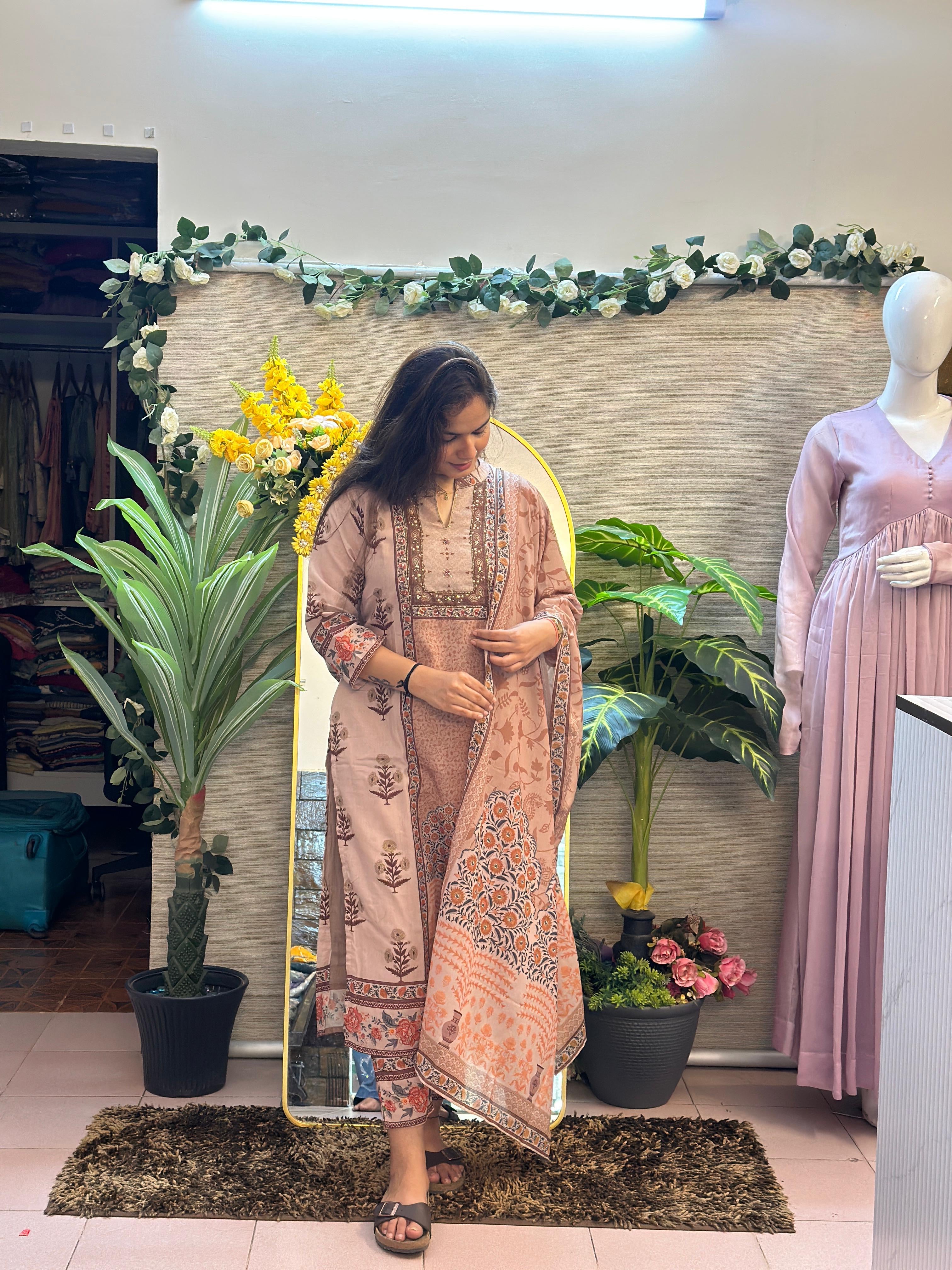 Blush Beige Floral Printed Suit Set with Dupatta