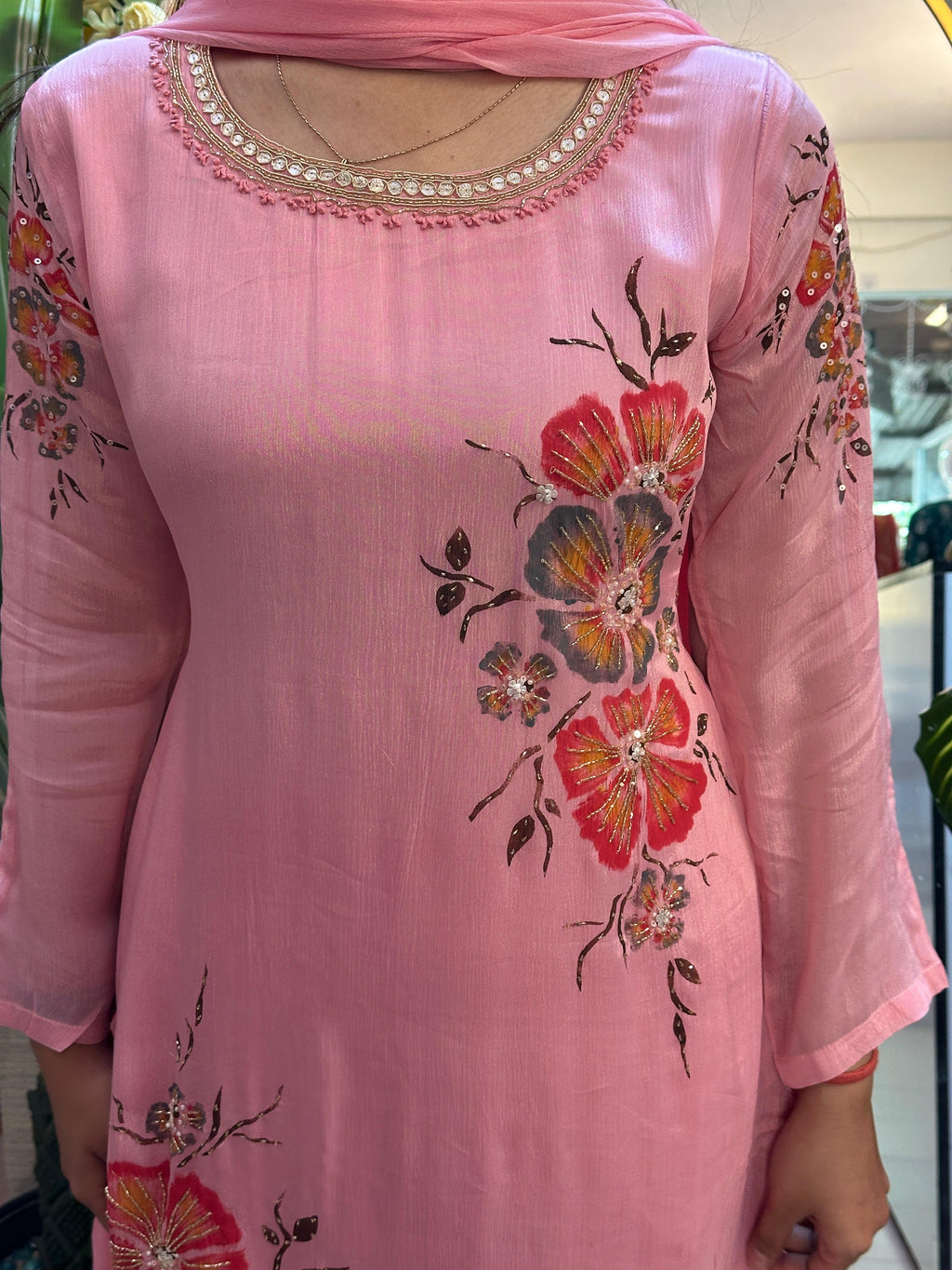 Coral Pink Floral Embroidered Kurti Set with Dupatta