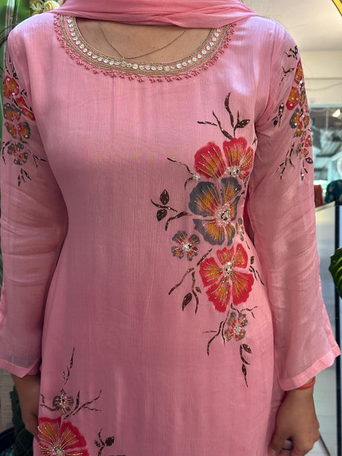Coral Pink Floral Embroidered Kurti Set with Dupatta