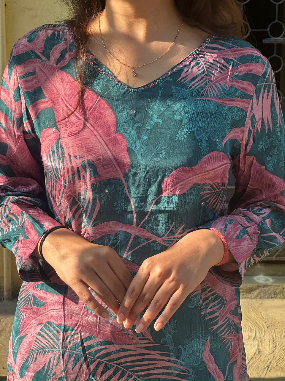 Teal & Rose Tropical Printed Straight Kurti Set