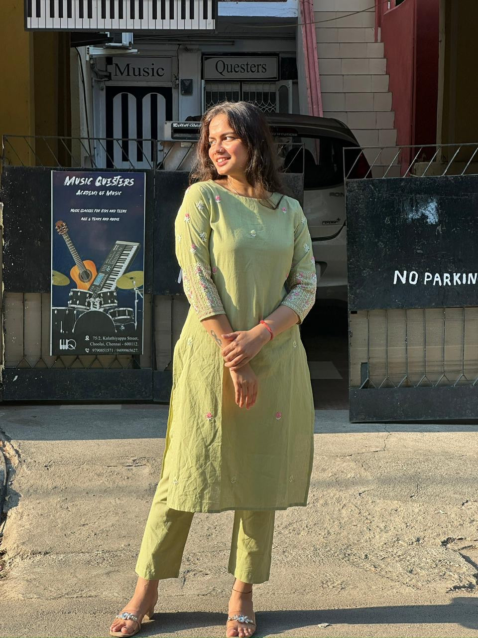 Olive Green Embroidered Straight Kurti Set