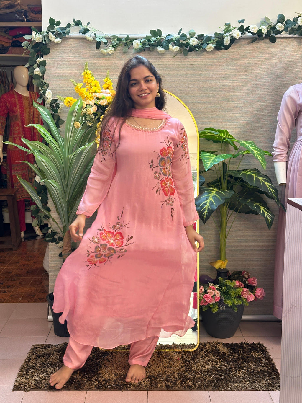 Coral Pink Floral Embroidered Kurti Set with Dupatta