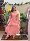 Coral Pink Floral Embroidered Kurti Set with Dupatta