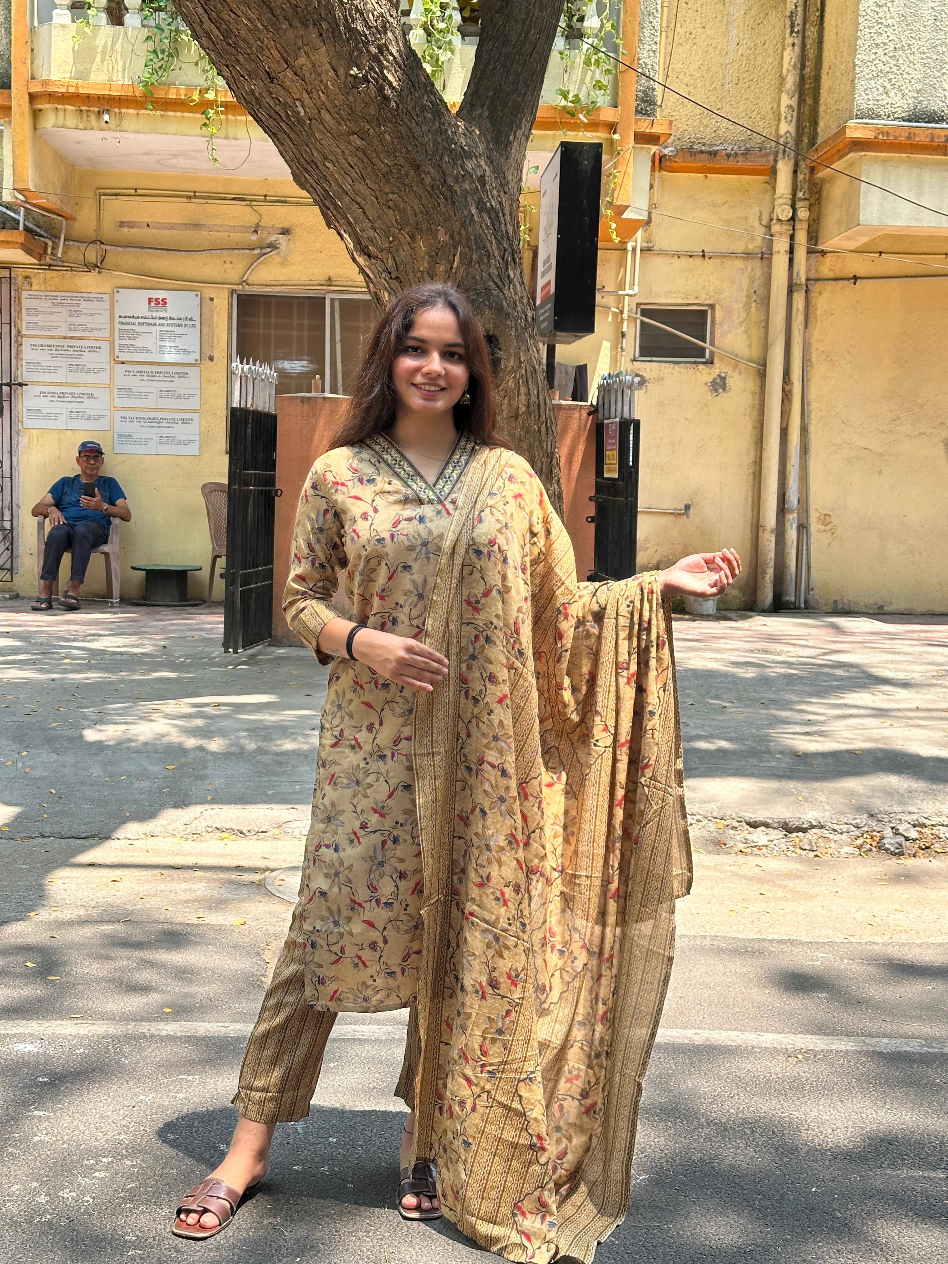 Mustard Beige Floral Printed Straight Kurti Set with Dupatta
