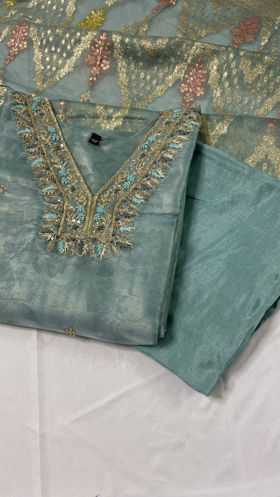Teal Glass Tissue Silk Hand-Embroidered Suit Set