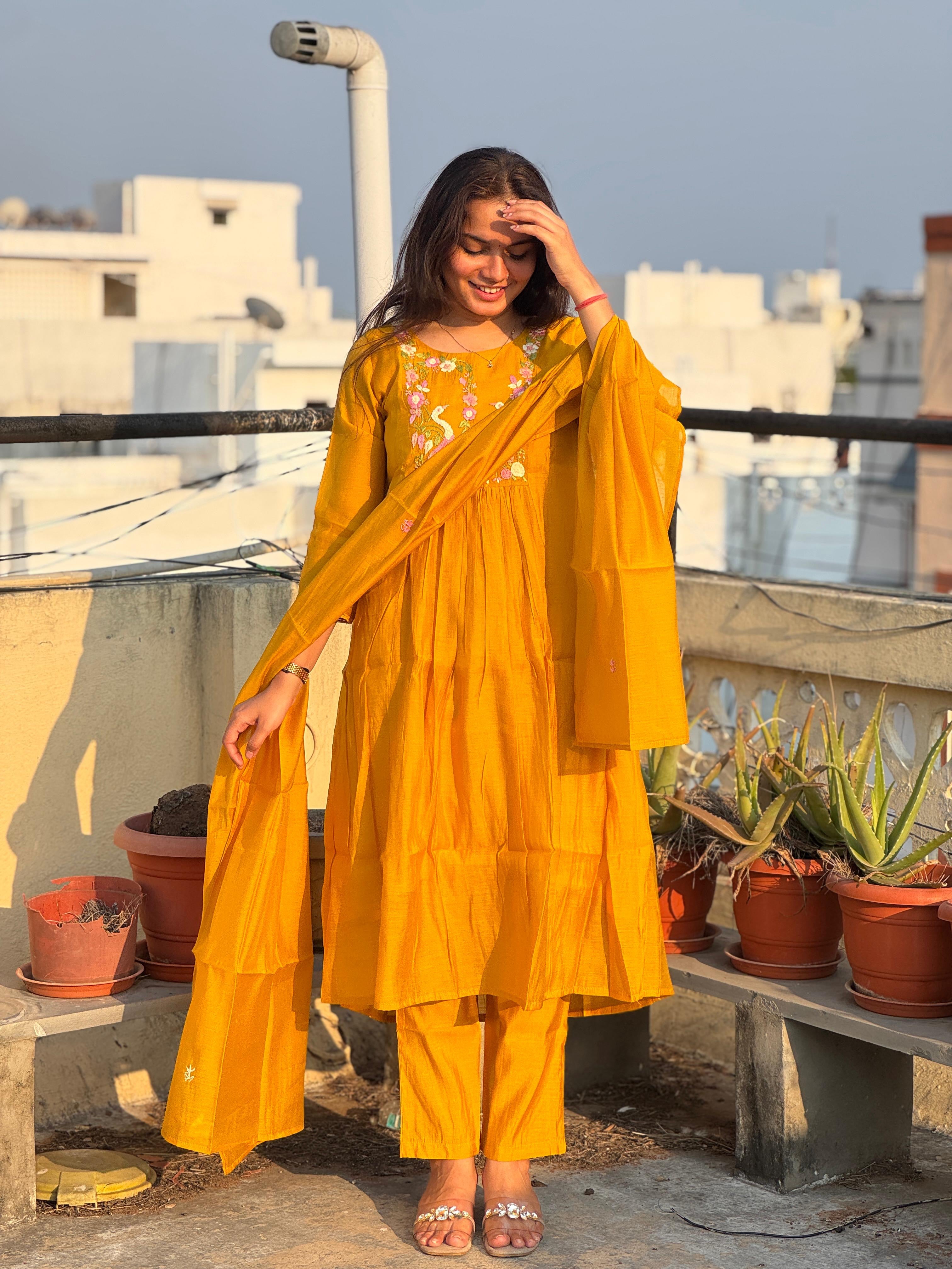 Mustard Bloom Embroidered Anarkali Set with Dupatta