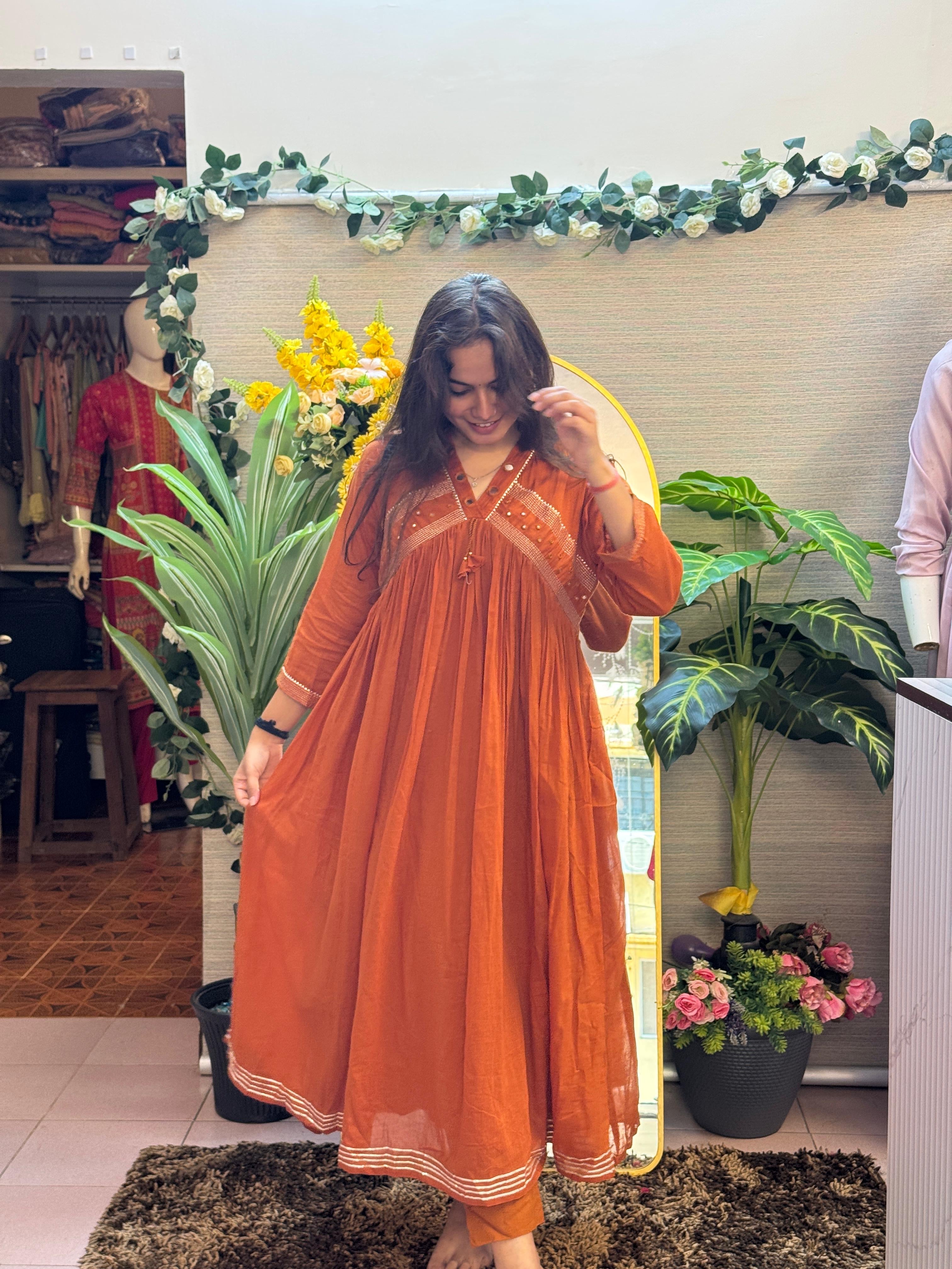 Rust Orange Gathered Kurti Set with Mirror Detailing & Dupatta
