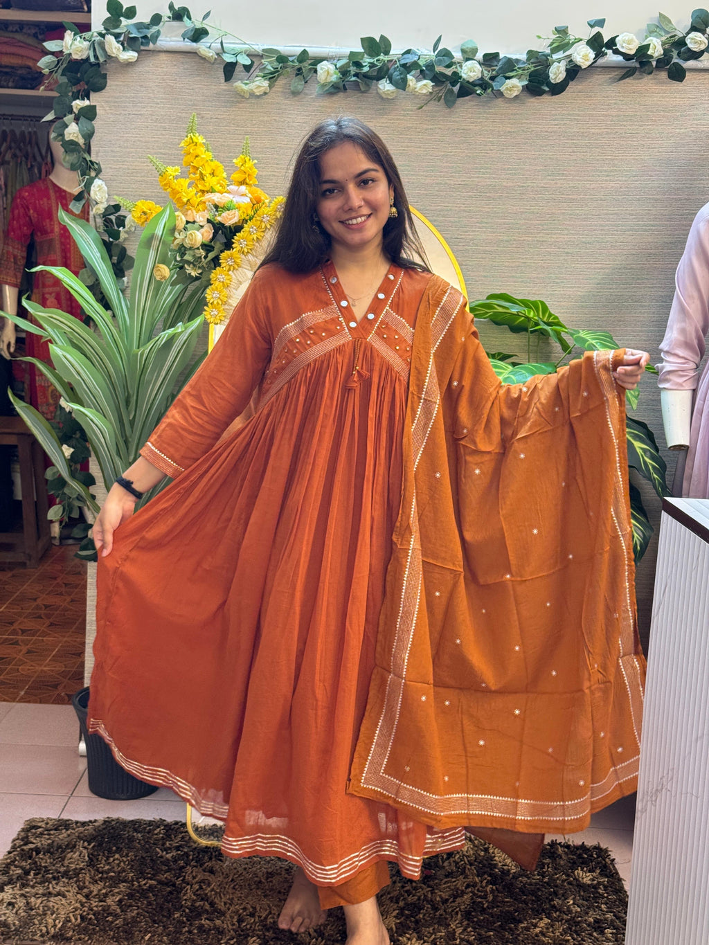 Rust Orange Gathered Kurti Set with Mirror Detailing & Dupatta