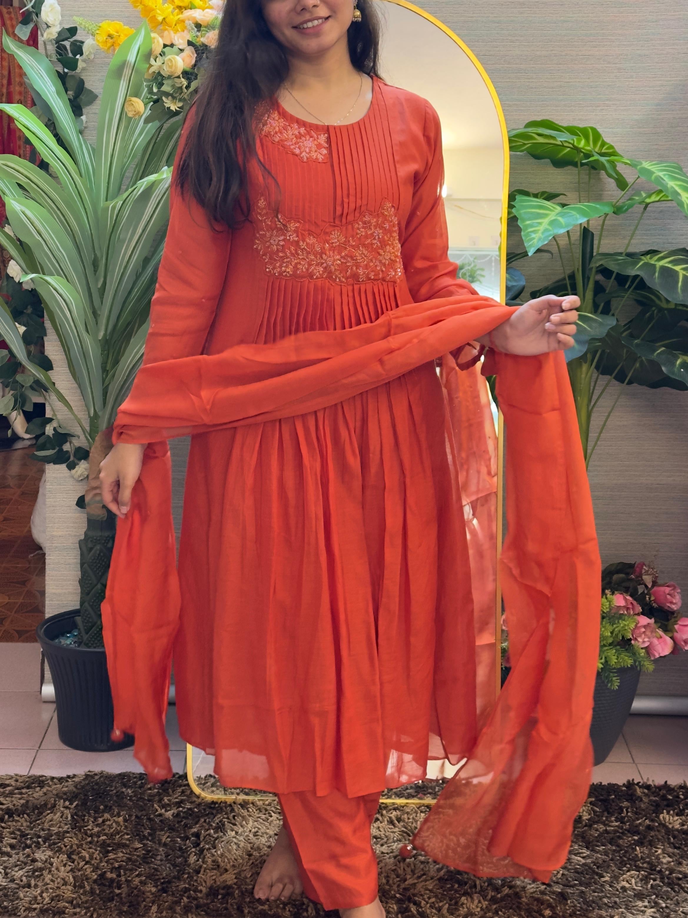 Rust Orange Embroidered Anarkali Kurti Set with Dupatta