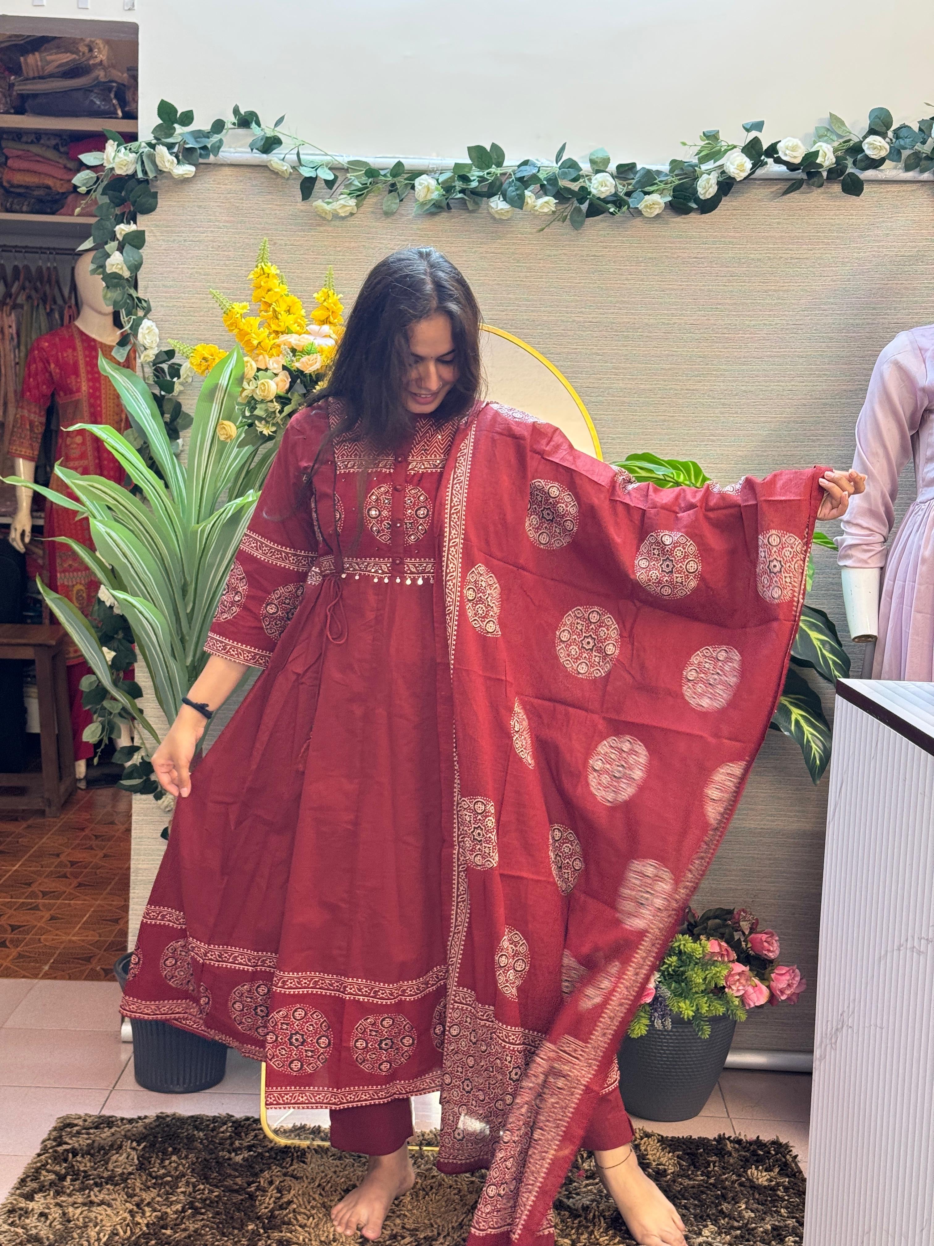 Maroon Printed Anarkali Kurti Set with Traditional Motif Dupatta