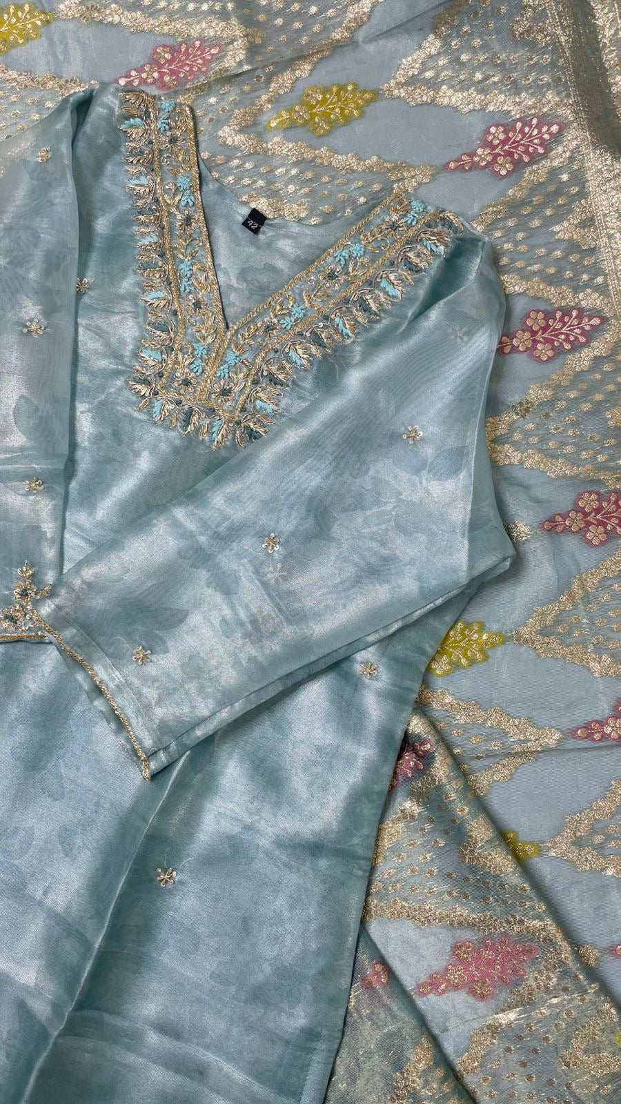 Teal Glass Tissue Silk Hand-Embroidered Suit Set