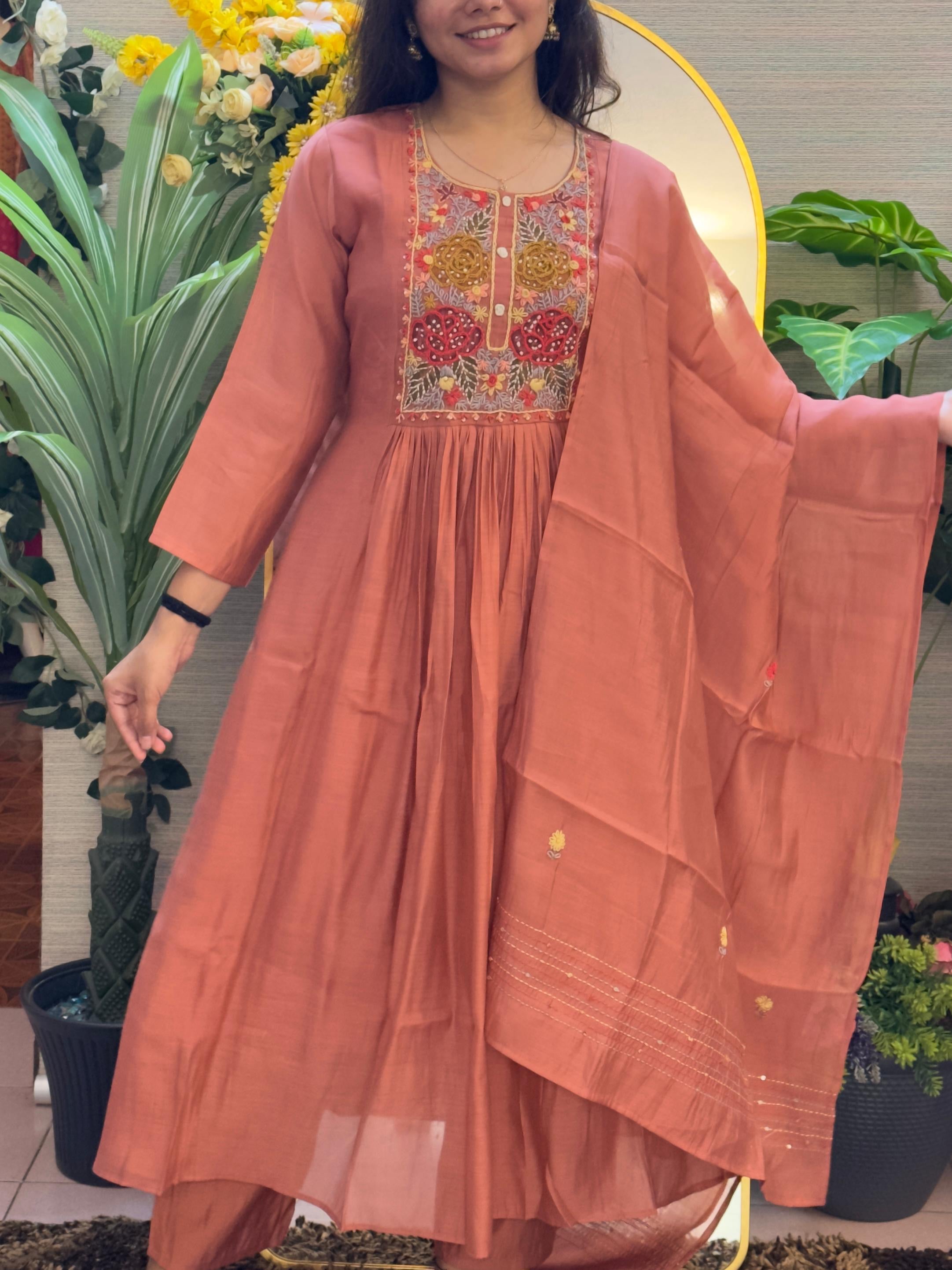Rust Brown Embroidered Anarkali Kurti Set with Dupatta