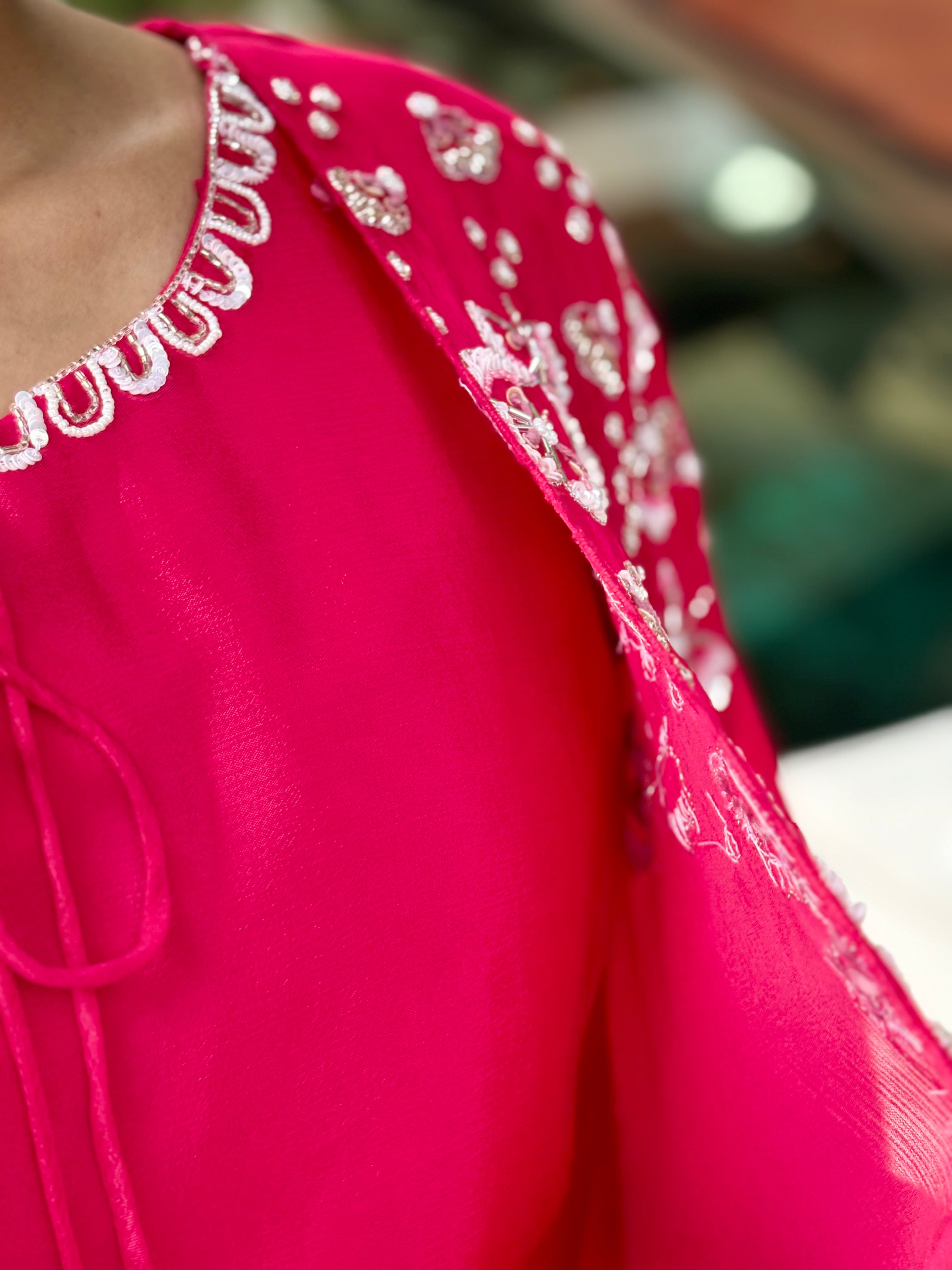 Dark Pink Handcrafted Belted Silk Ensemble