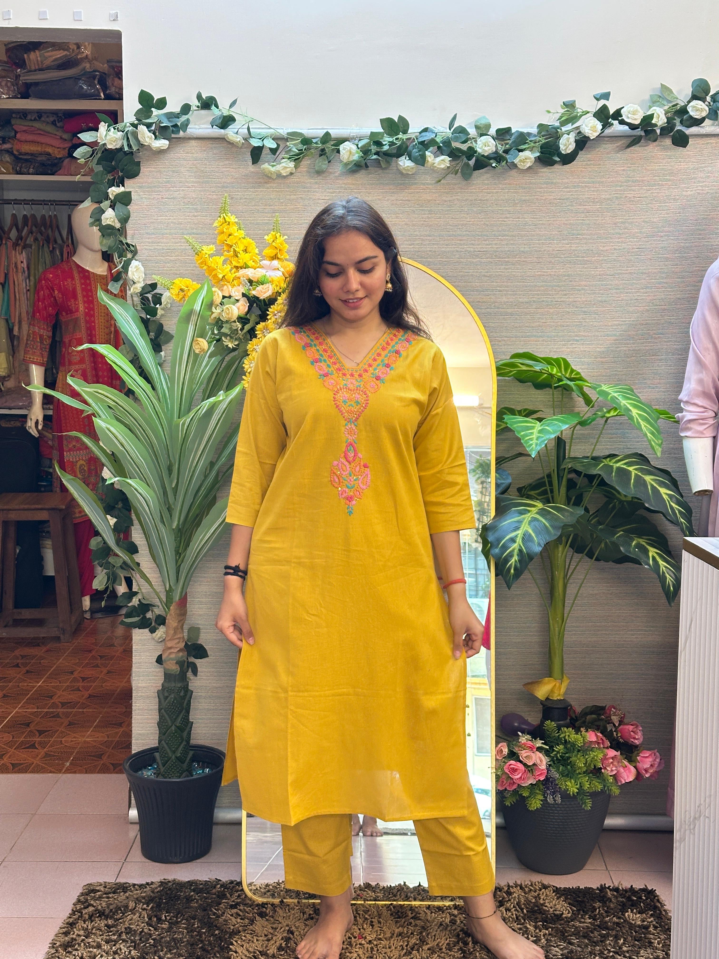 Mustard Yellow Embroidered Straight Kurti Set