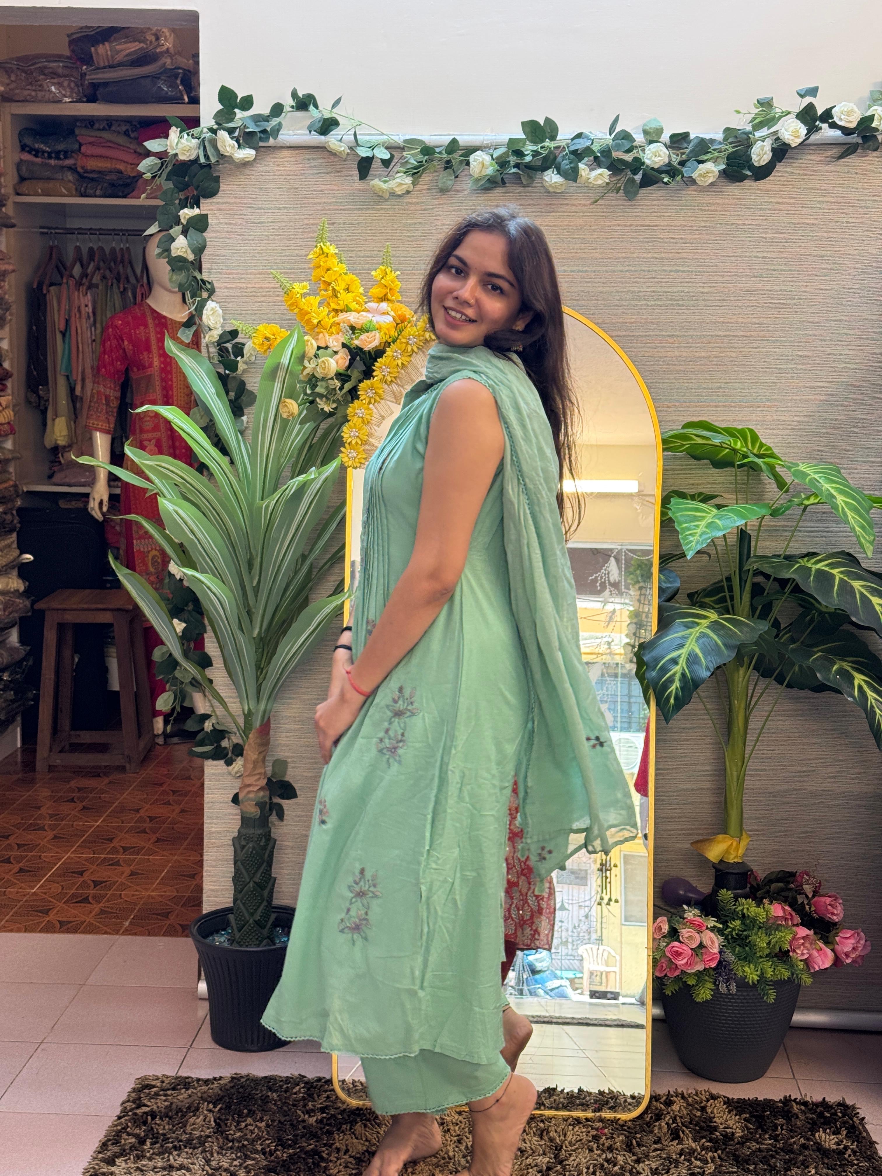 Mint Green Embroidered Anarkali Set with Inner Sleeves & Dupatta