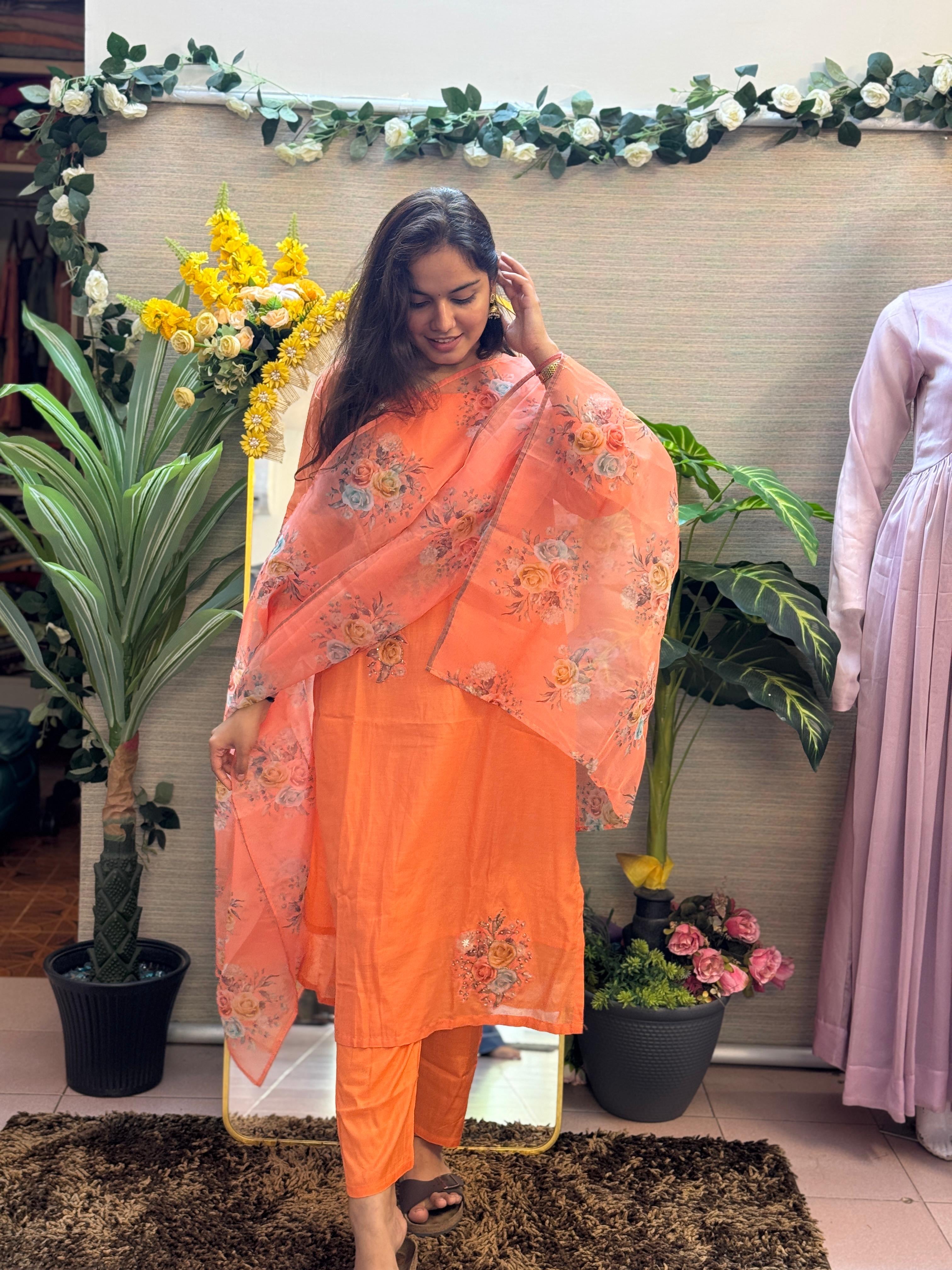 Peach Blossom Floral Suit Set with Printed Organza Dupatta
