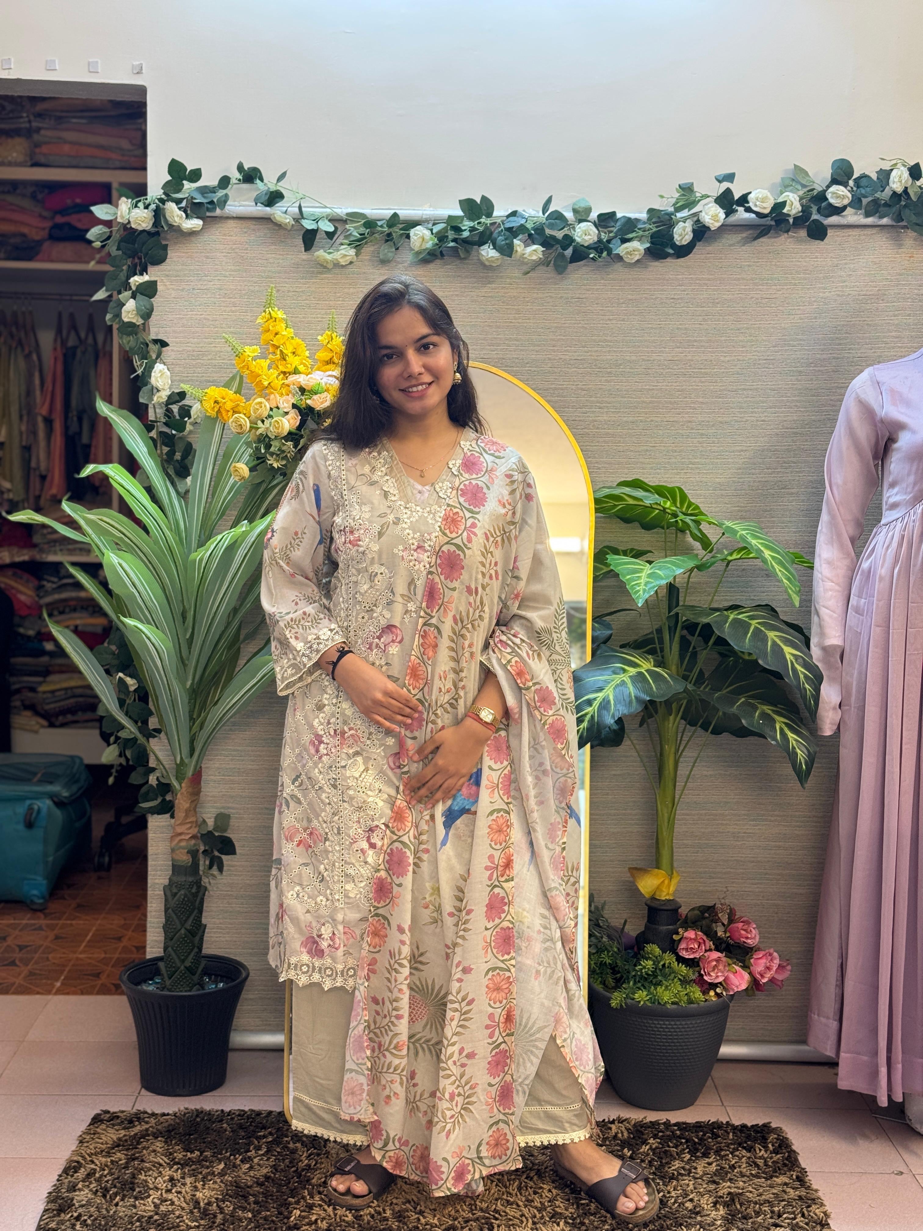 Ivory Bloom Floral Printed Suit Set with Dupatta