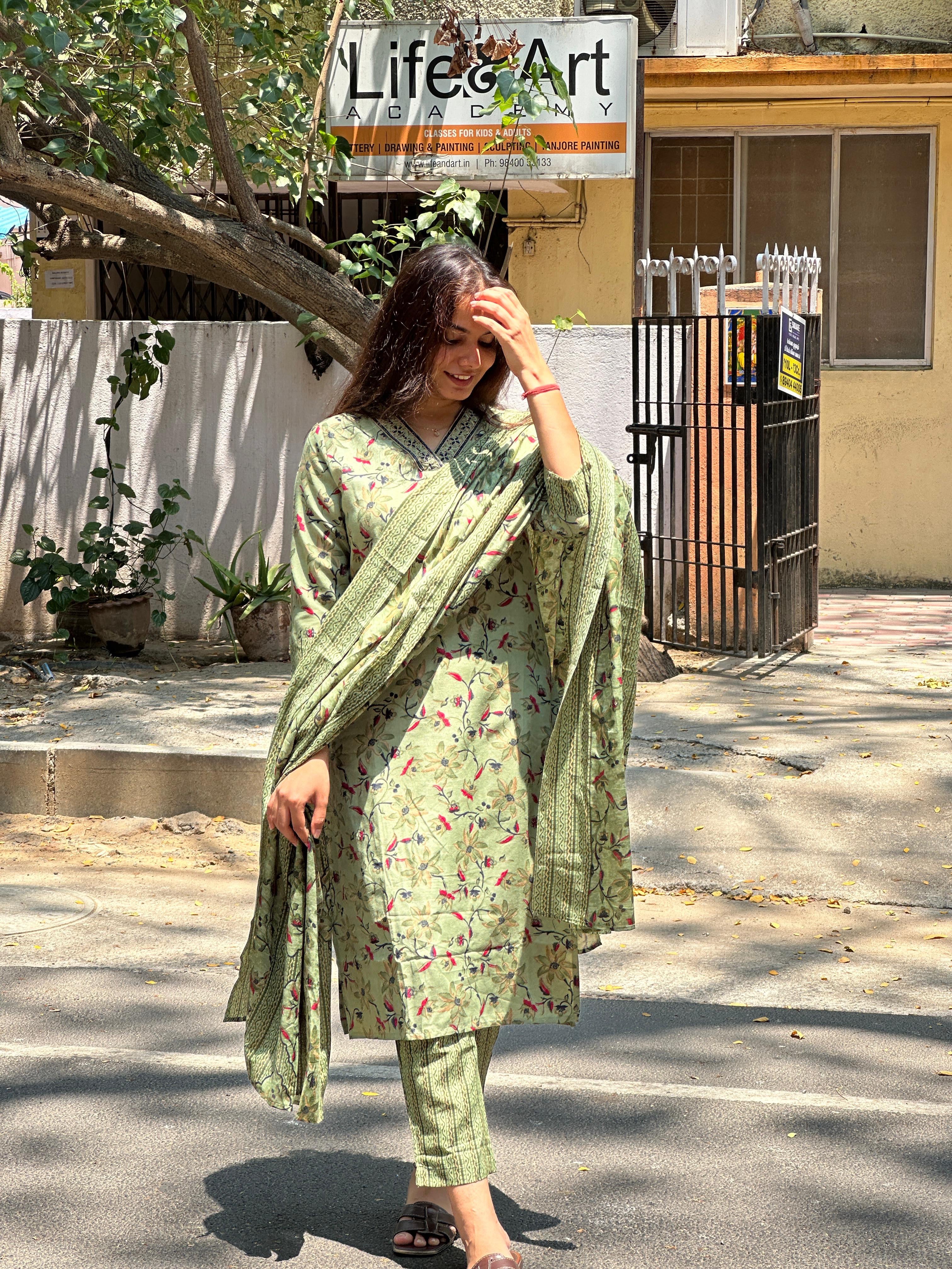 Olive Green Floral Printed Straight Kurti Set with Dupatta