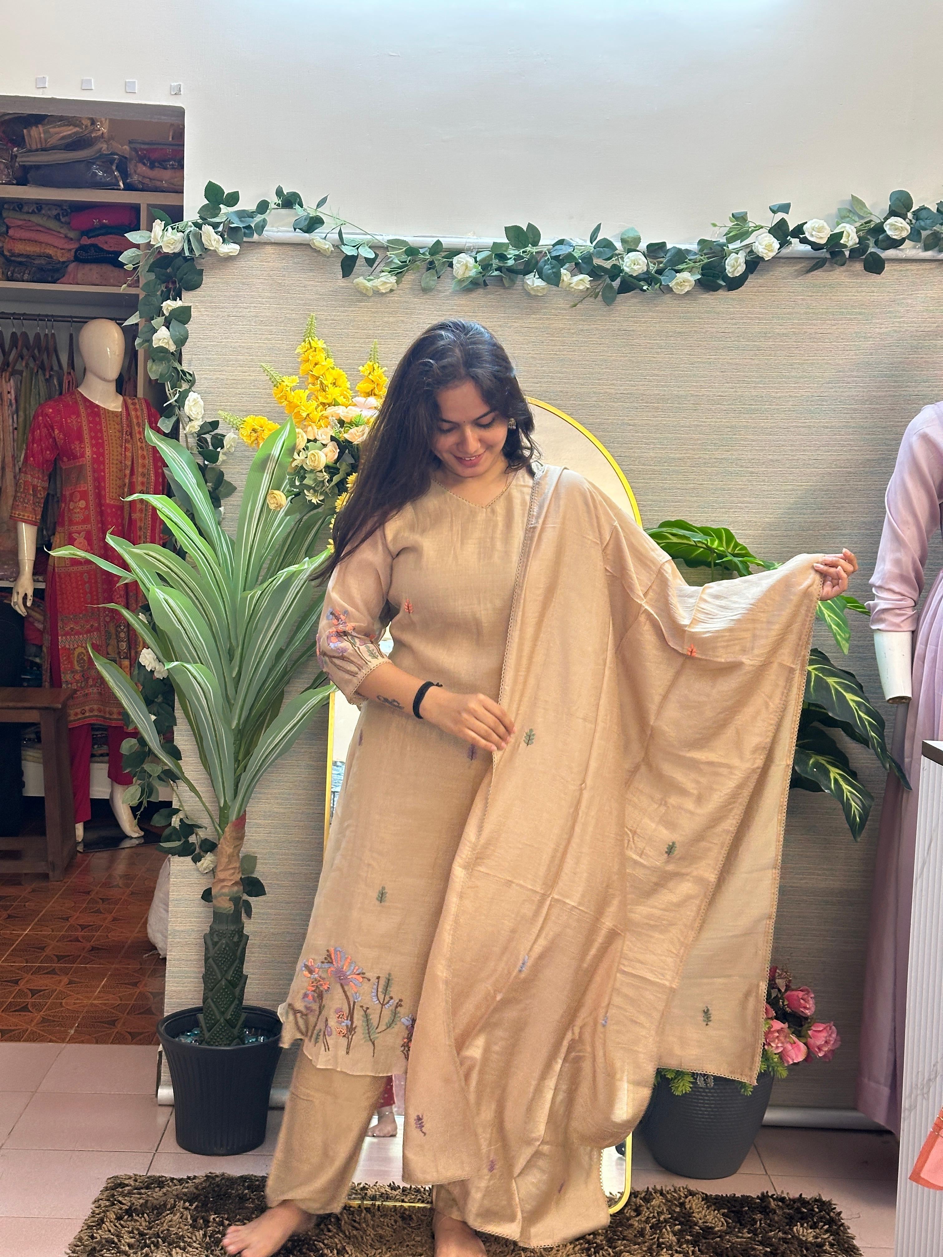 Warm Beige Embroidered Straight Kurti Set with Dupatta