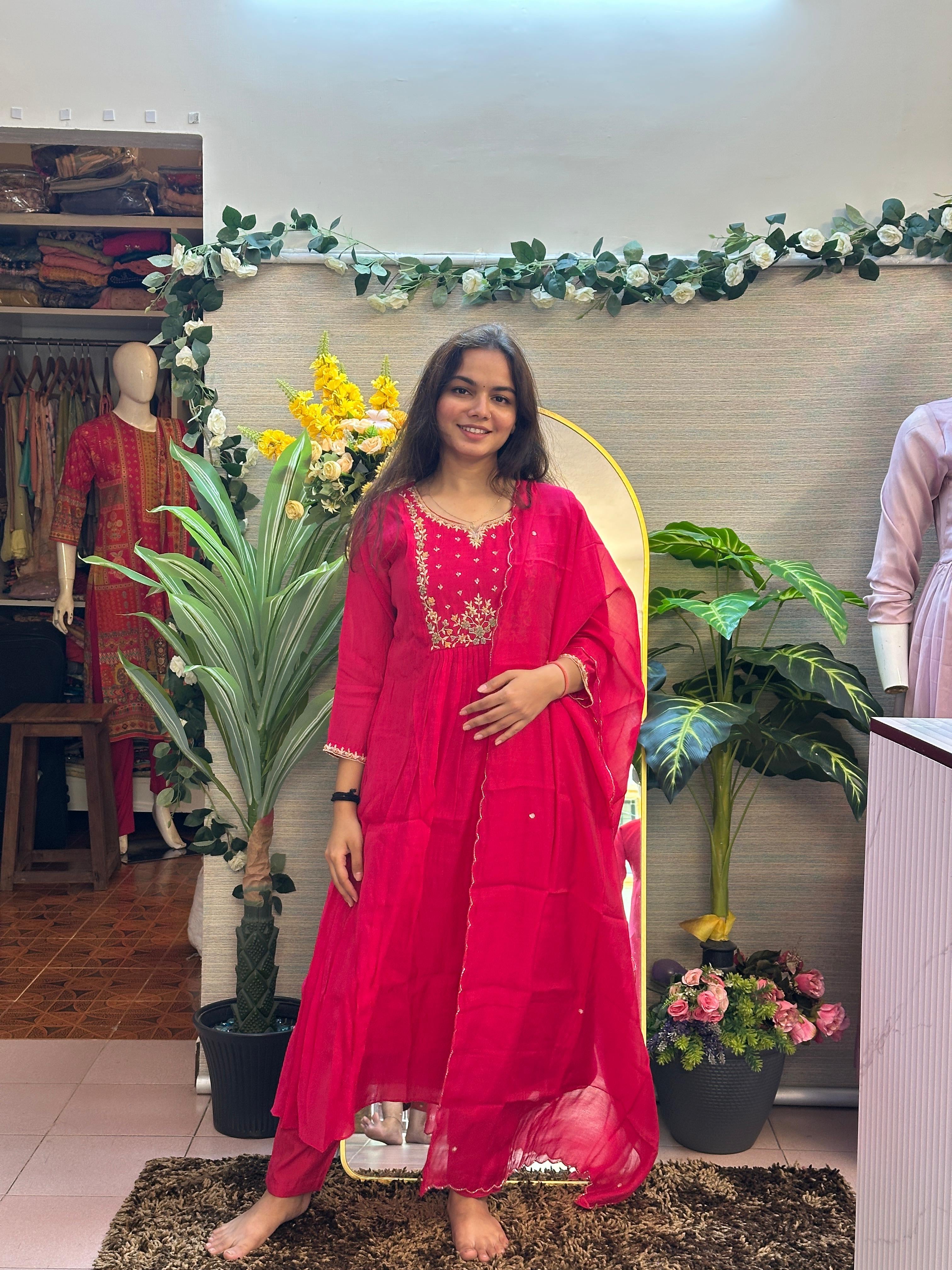 Rani Pink Embroidered Anarkali Kurti Set with Dupatta