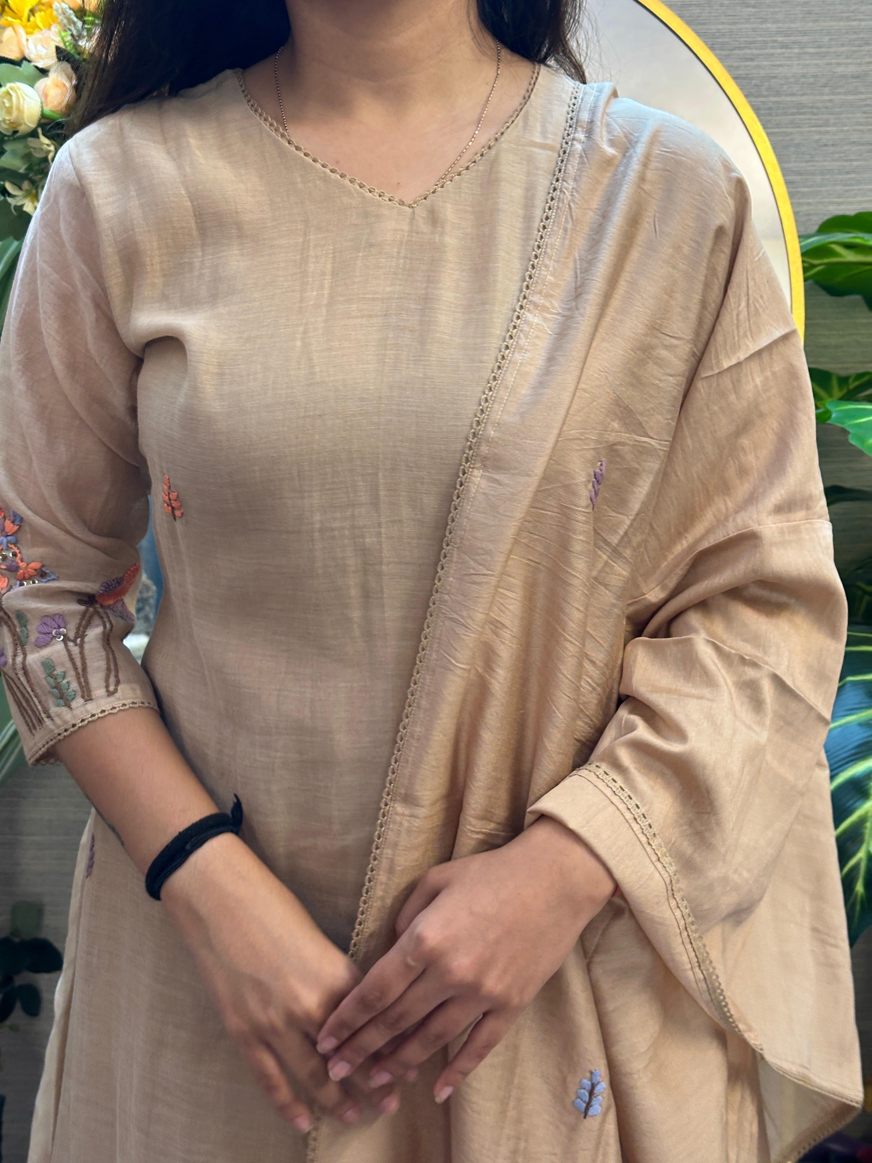 Warm Beige Embroidered Straight Kurti Set with Dupatta