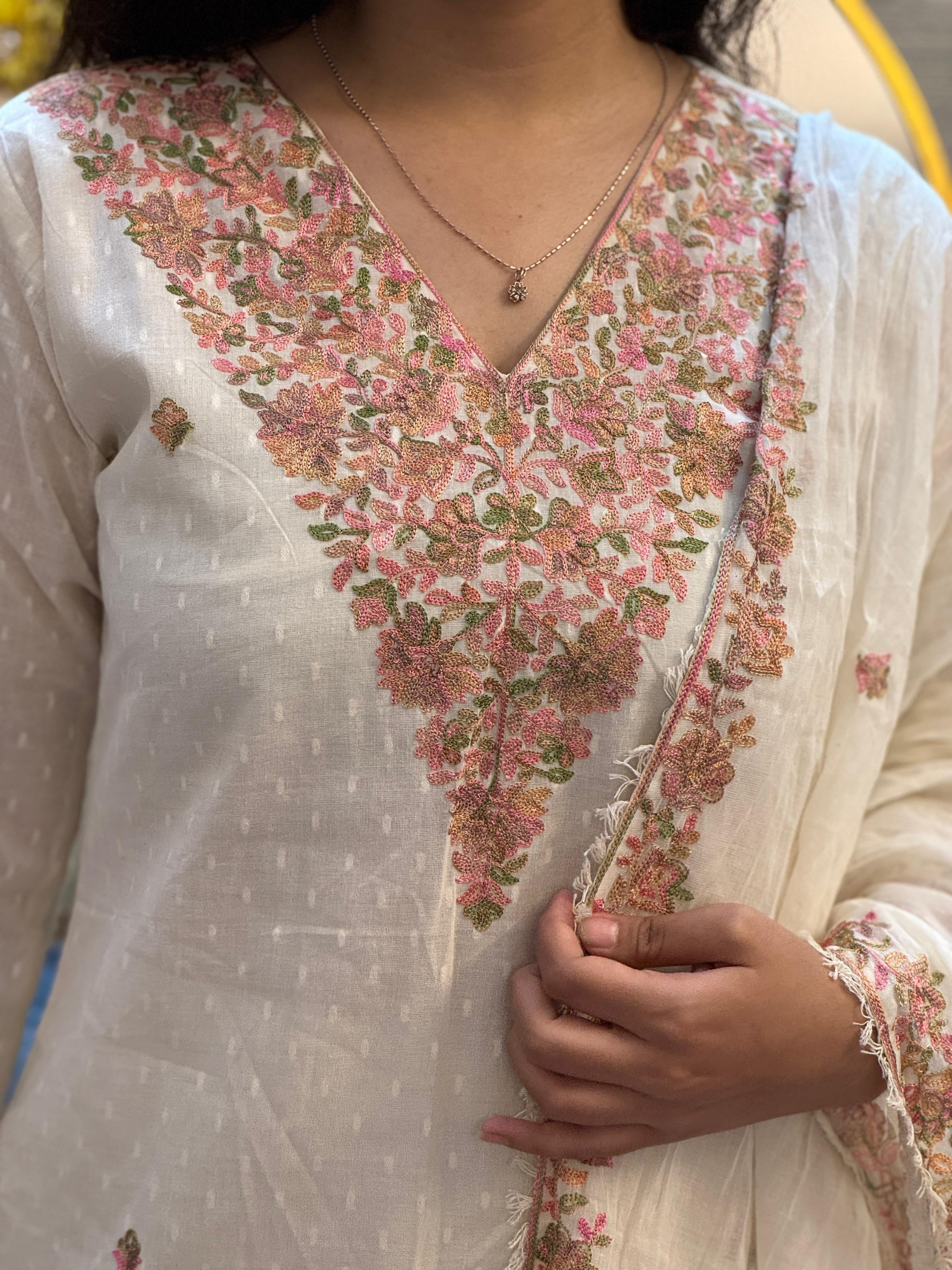 Ivory Blossom Embroidered Suit Set with Organza Dupatta