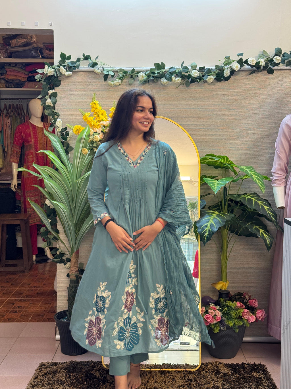 Dusty Teal Floral Embroidered Anarkali Set with Dupatta