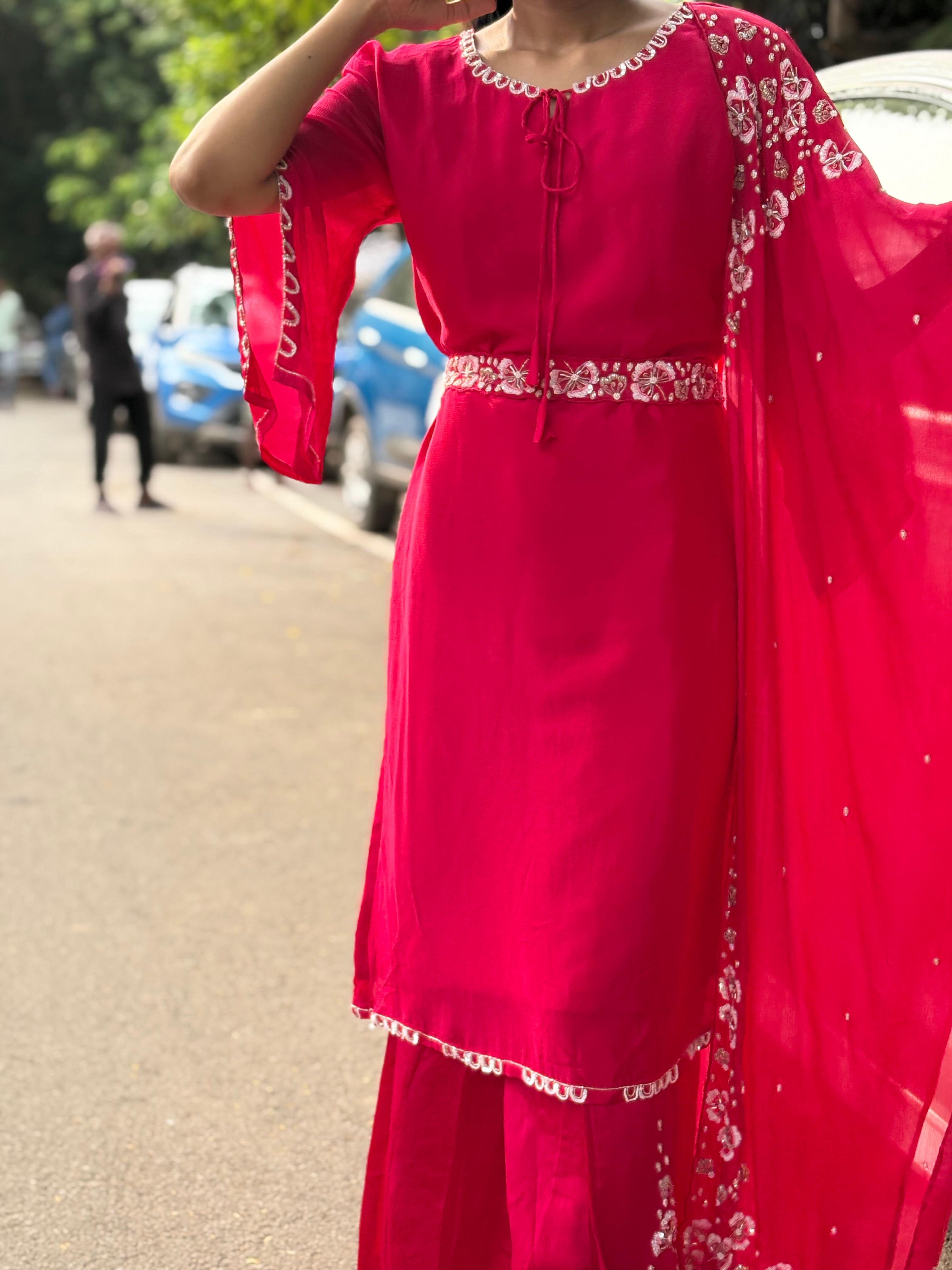 Dark Pink Handcrafted Belted Silk Ensemble