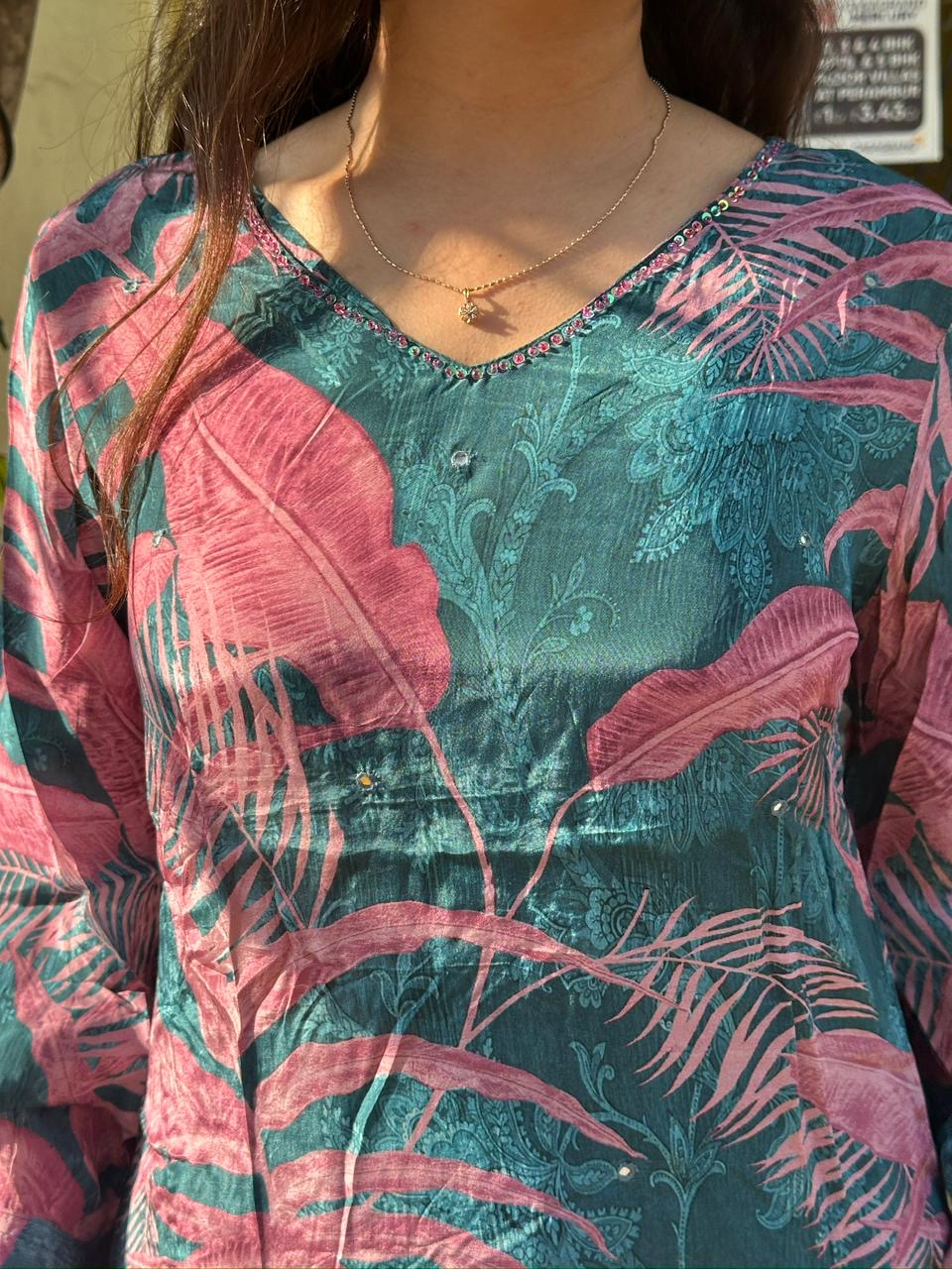 Teal & Rose Tropical Printed Straight Kurti Set