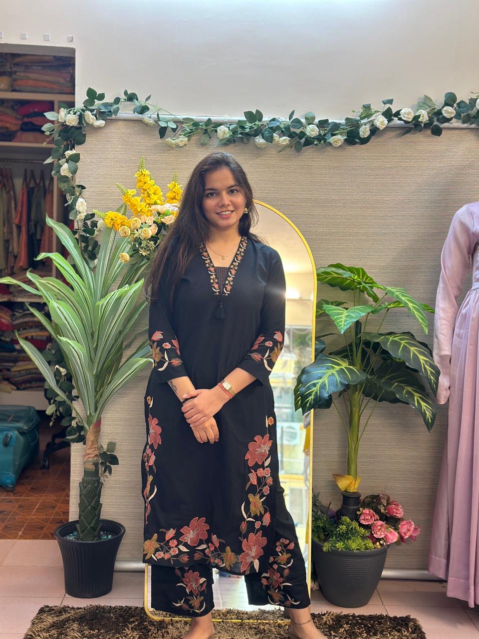 Black Floral Embroidered Kurti Pant Set