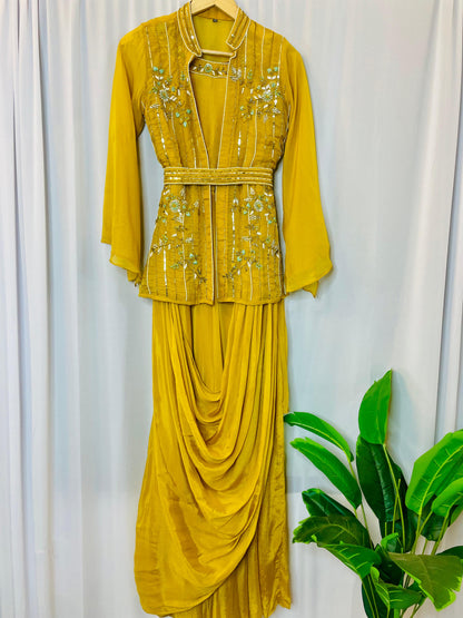 Zehra Mustard Embellished Gown Set