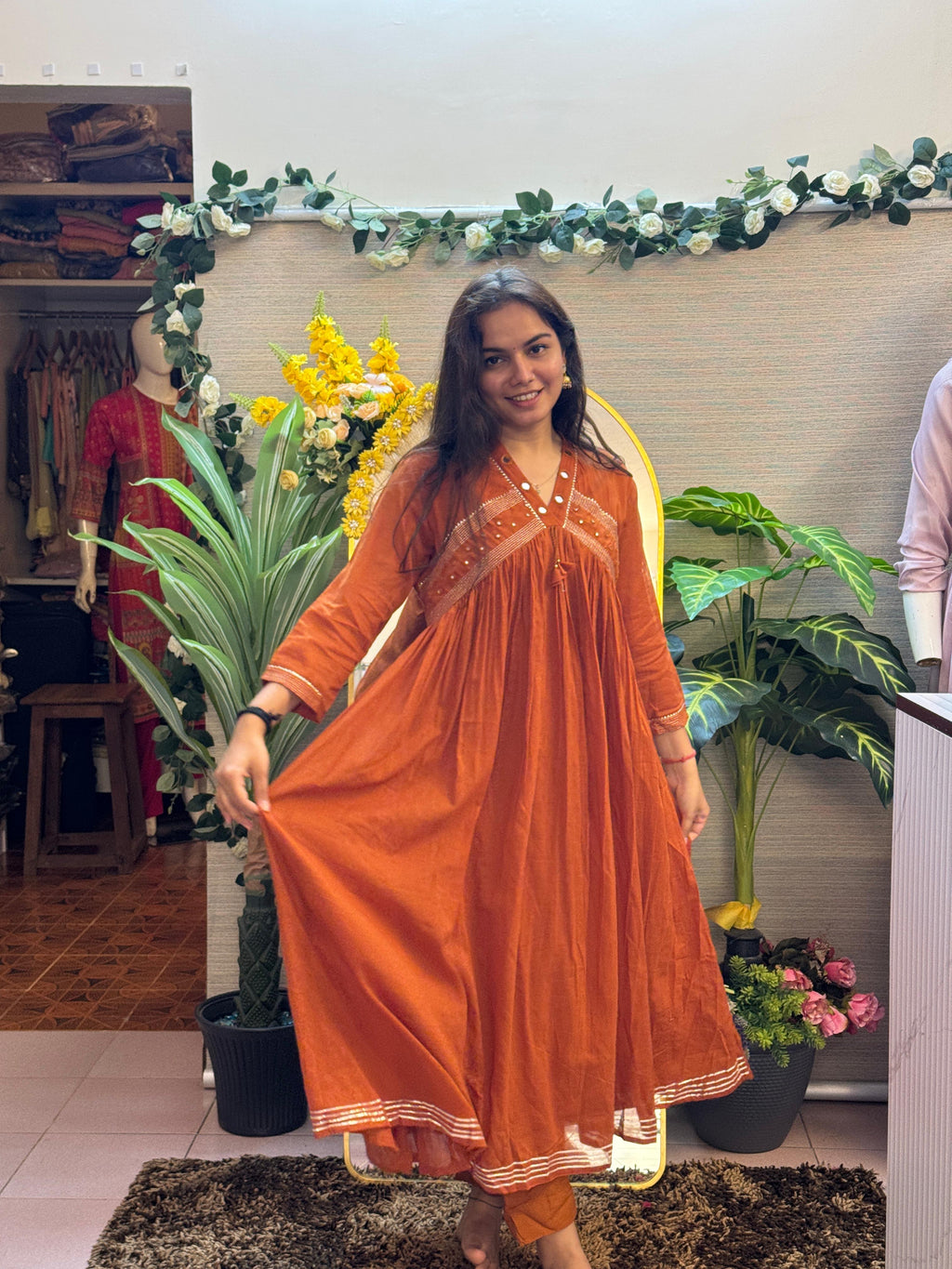 Rust Orange Gathered Kurti Set with Mirror Detailing & Dupatta