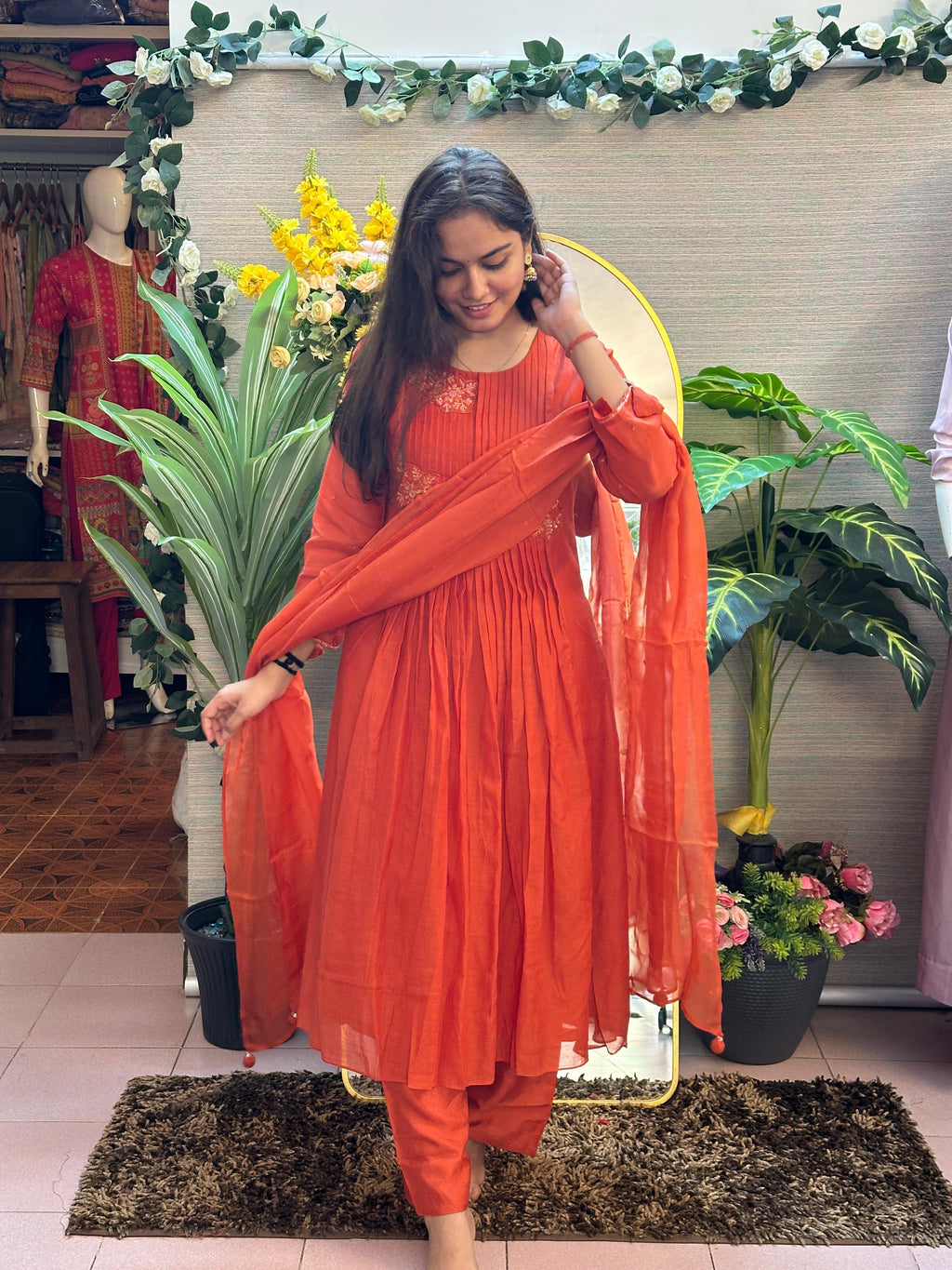 Rust Orange Embroidered Anarkali Kurti Set with Dupatta