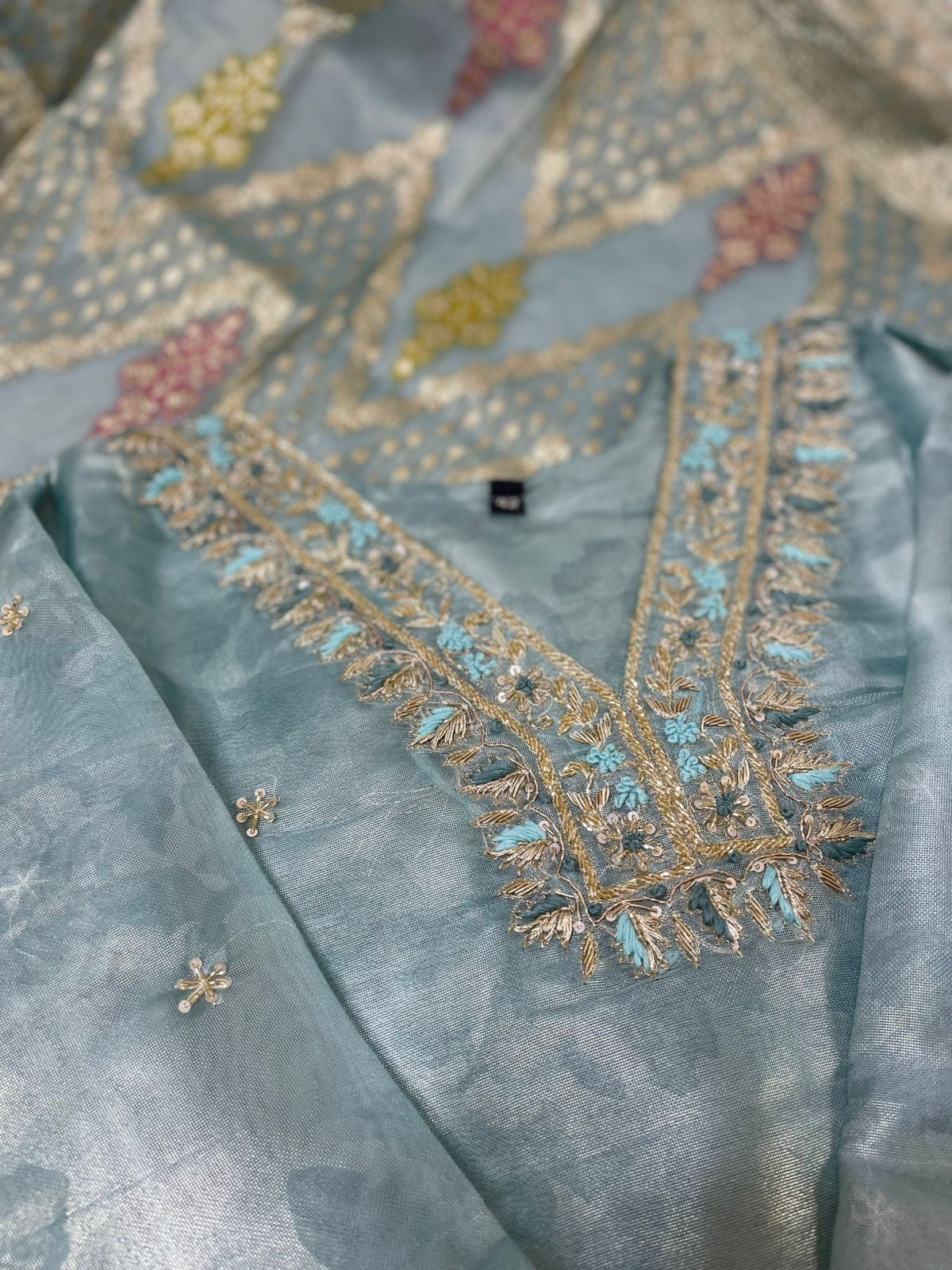 Teal Glass Tissue Silk Hand-Embroidered Suit Set