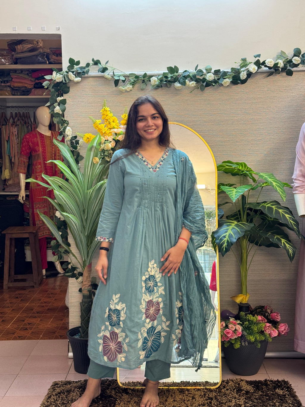 Dusty Teal Floral Embroidered Anarkali Set with Dupatta