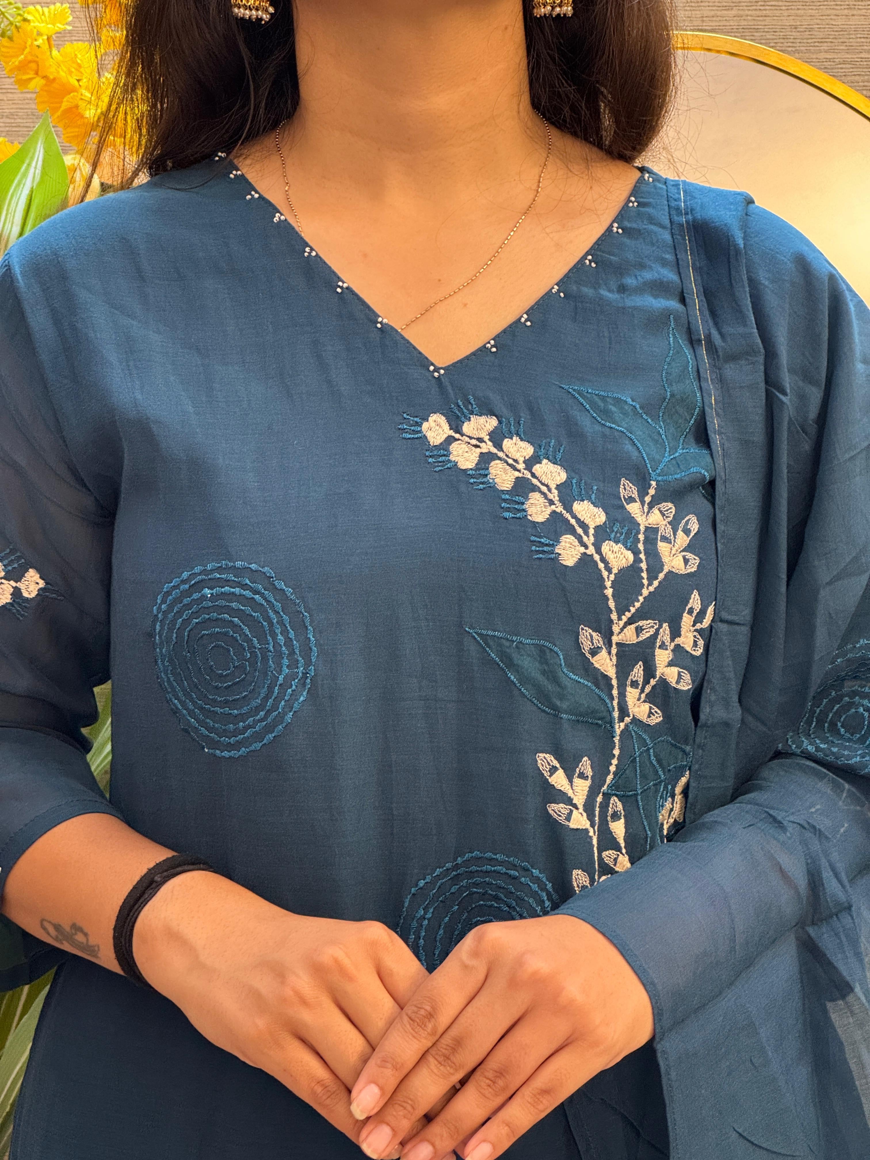 Midnight Blue Embroidered Kurti Set with Sheer Dupatta